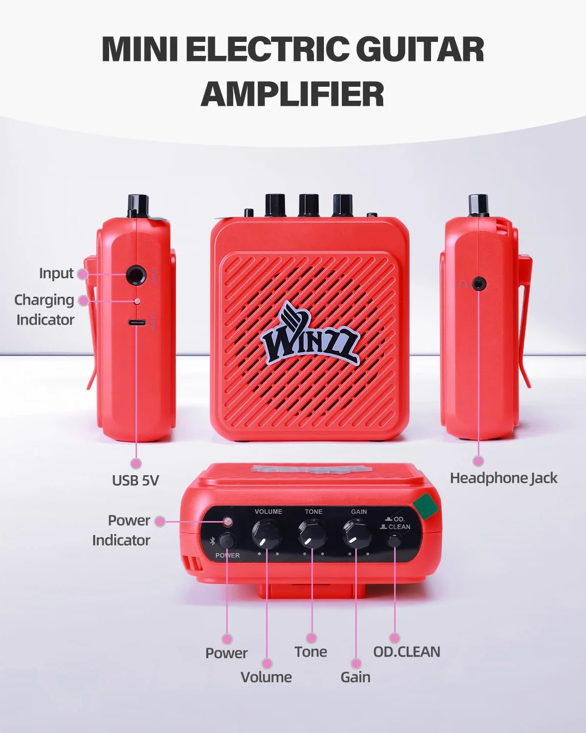 WINZZ - Kit de guitarra eléctrica para niños de 30 pulgadas, para principiantes, guitarra eléctrica mini de tamaño 1/4, conjunto completo de iniciación con amplificador, color rojo brillante