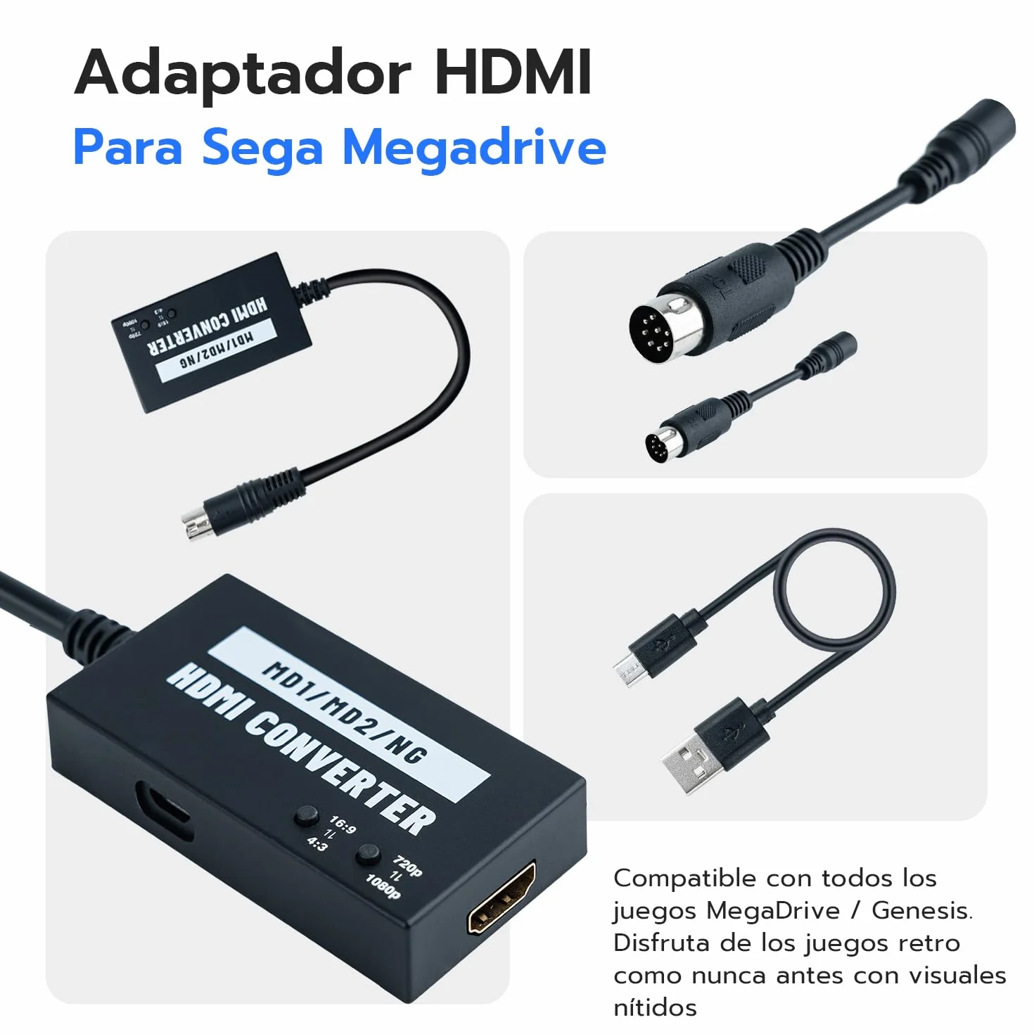 Mcbazel Adaptador HDMI Seamless para Mega Drive/Neogeo HDTV, convertidor de vídeo Multifuncional 4:3/16:9, 720P/1080P（Consola Original sin modificar y Salida RGB necesaria）