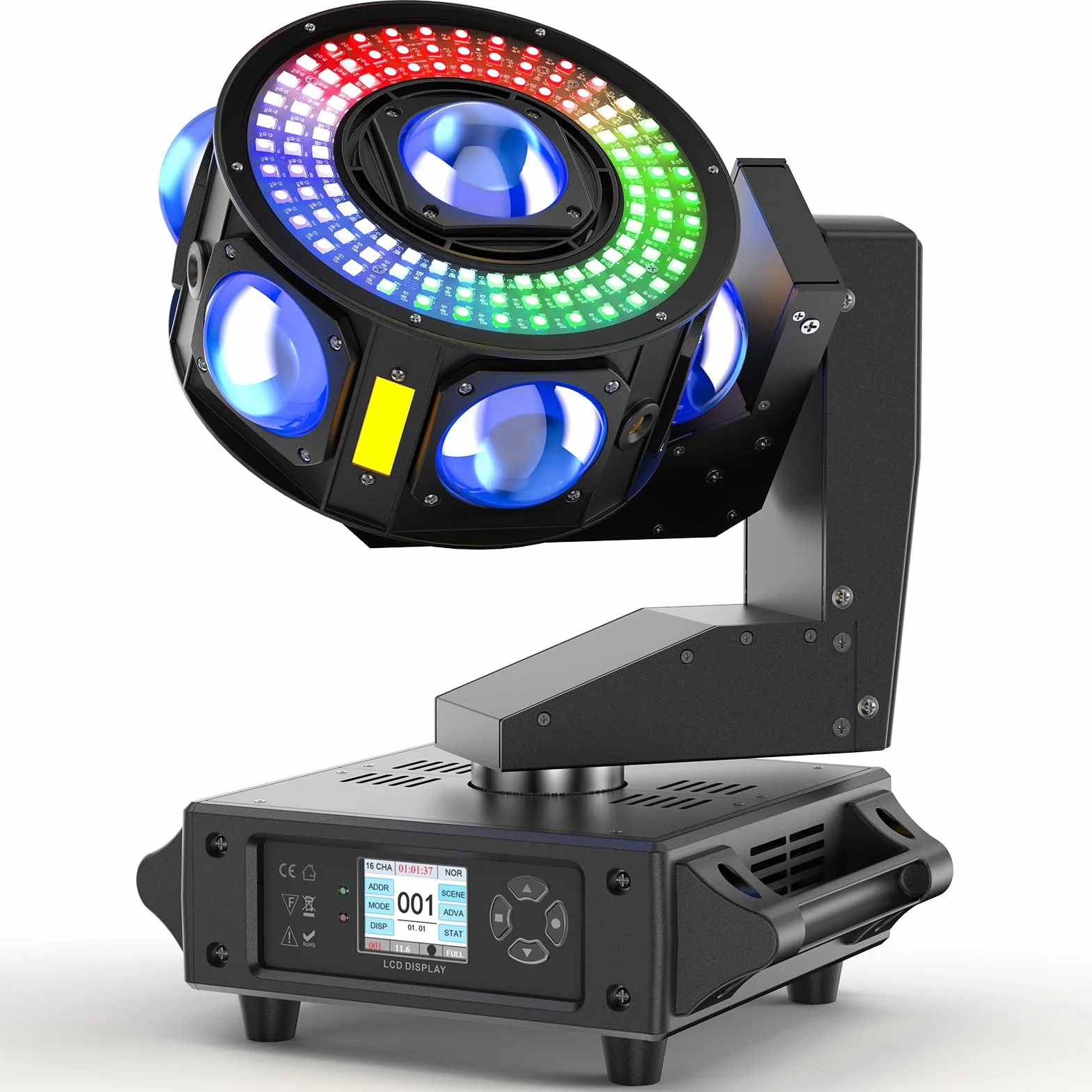 Cabeza Movil LED 200W RGBW Beam Luces Discoteca 3 axis Rotación infinita Foco de escenario 19CH/25CH Control de sonido para Halloween DJ bar cumpleaños discoteca