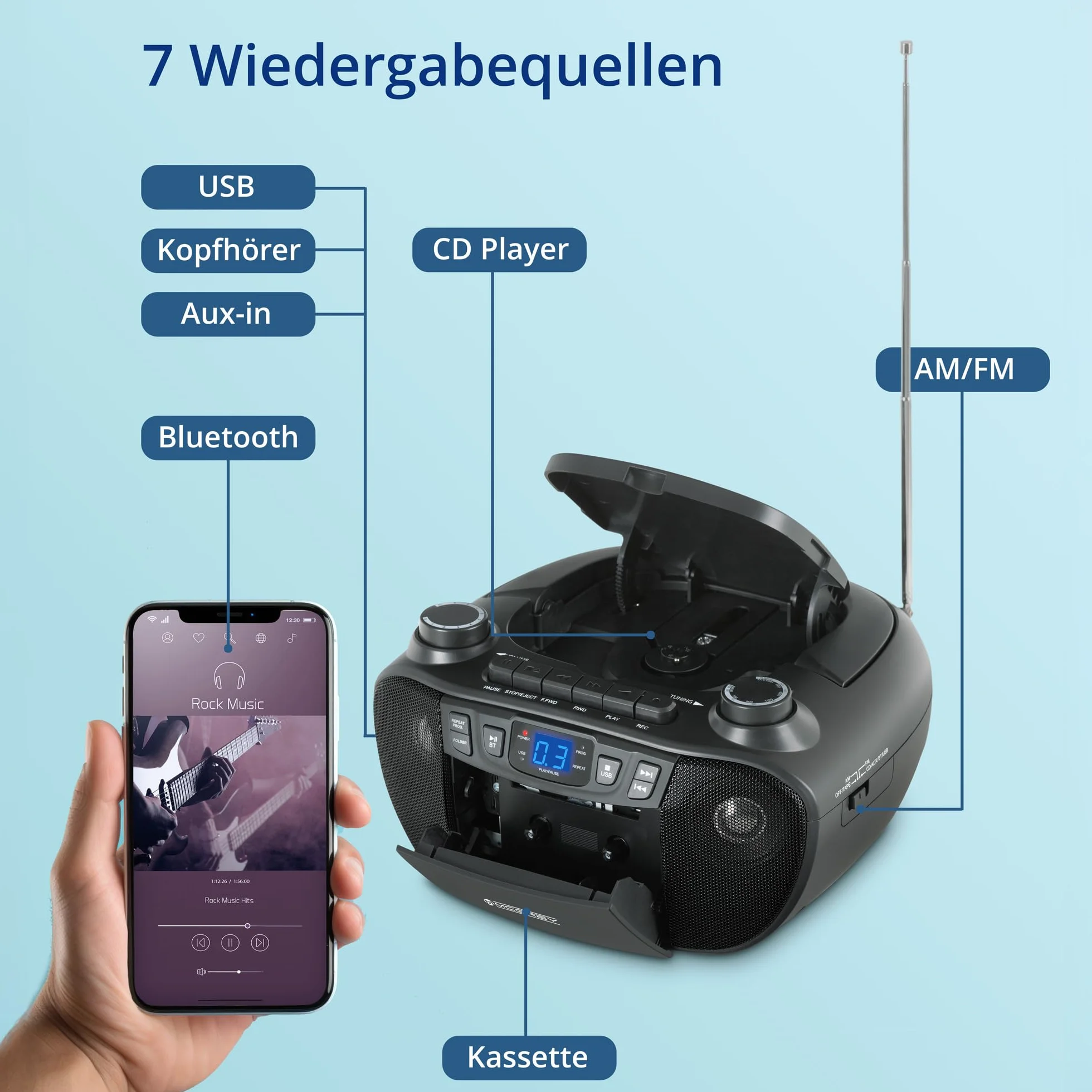 CDB-1016U BK Boombox cassette, reproductor CD, radio, Bluetooth y USB - grabador, entrada AUX, salida auriculares - funcionamiento por cable o 6 pilas