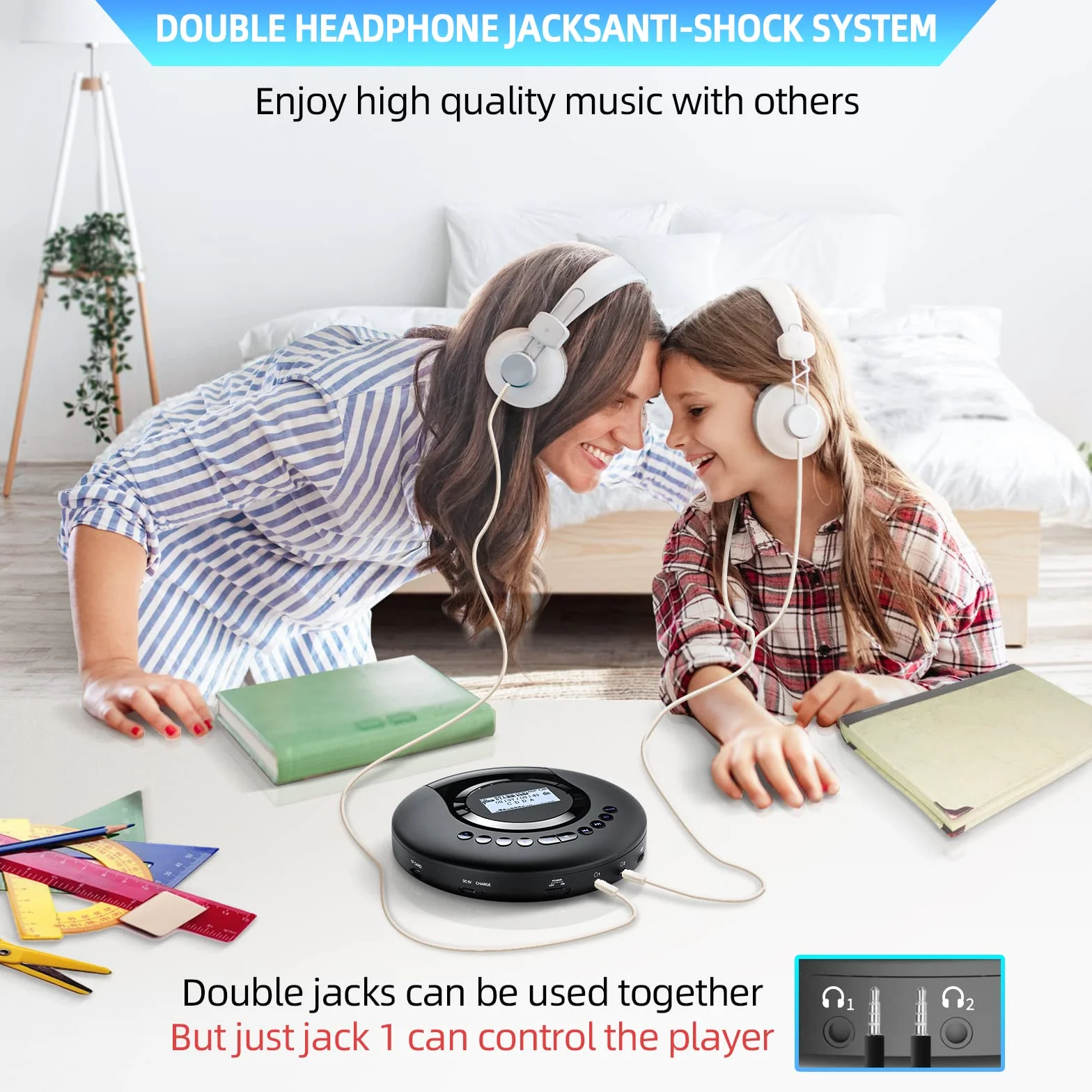 Arafuna Reproductor de CD portátil, Reproductor CD Bluetooth para Coche y niños, Discman CD portatil Recargable de 2000 mAh, protección a Prueba de Golpes, Radio FM, Tomas de Auriculares duales