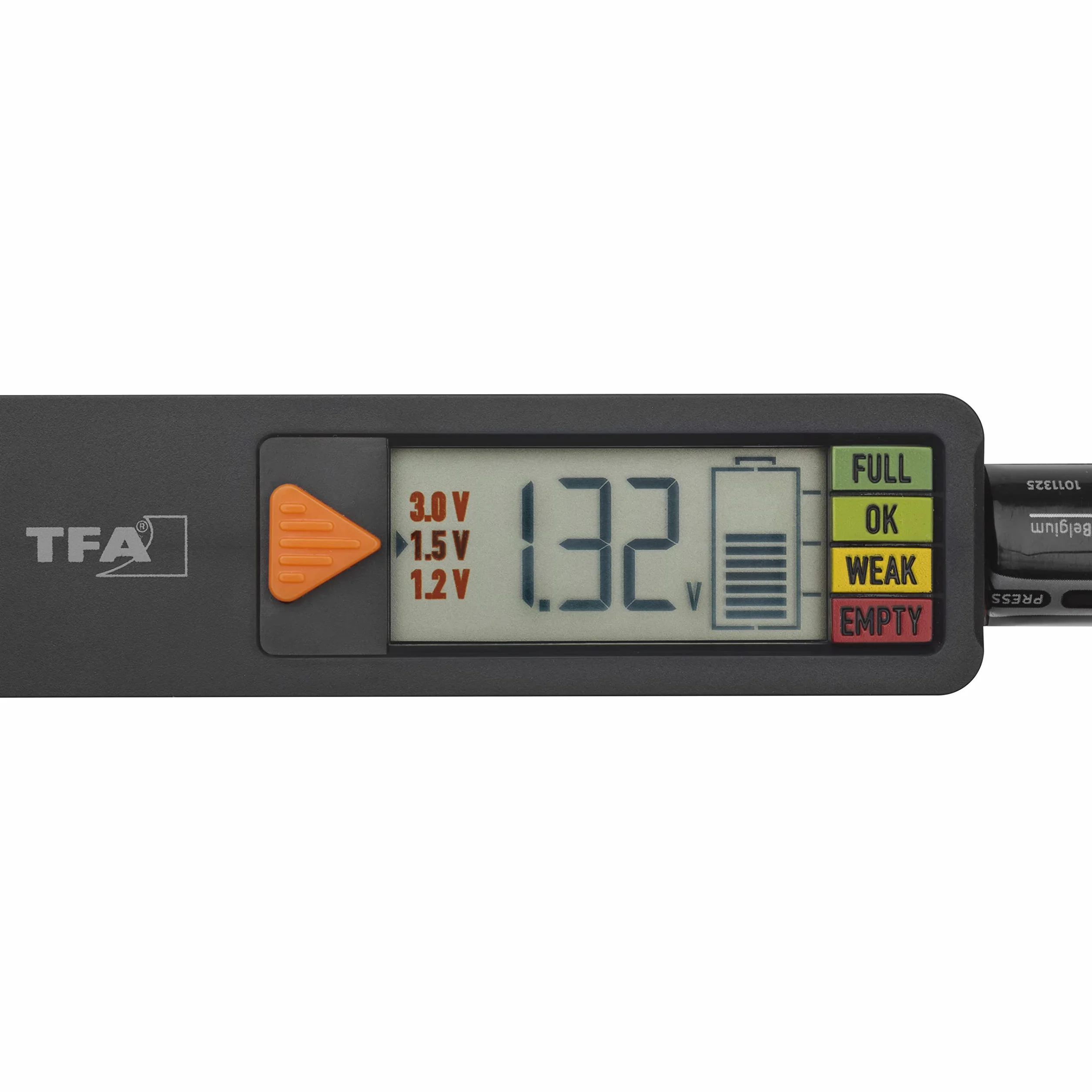 TFA Dostmann BatteryCheck 98.1126.01 - Comprobador de batería para pilas y baterías (AAA,AA,C,D), pila de botón, batería de bloque, indicador de estado de carga, negro, (L)89 (150 x (W) 25 x (H) 27 mm