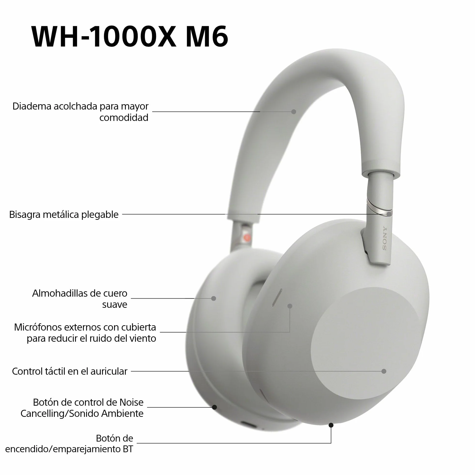 Sony WH-1000XM6 Auriculares Bluetooth inalámbricos con Noise Cancelling, Sonido de Alta resolución, cómodos, diseño Plegable, Estuche Resistente, 30 Horas de batería, iOS y Android - Plata