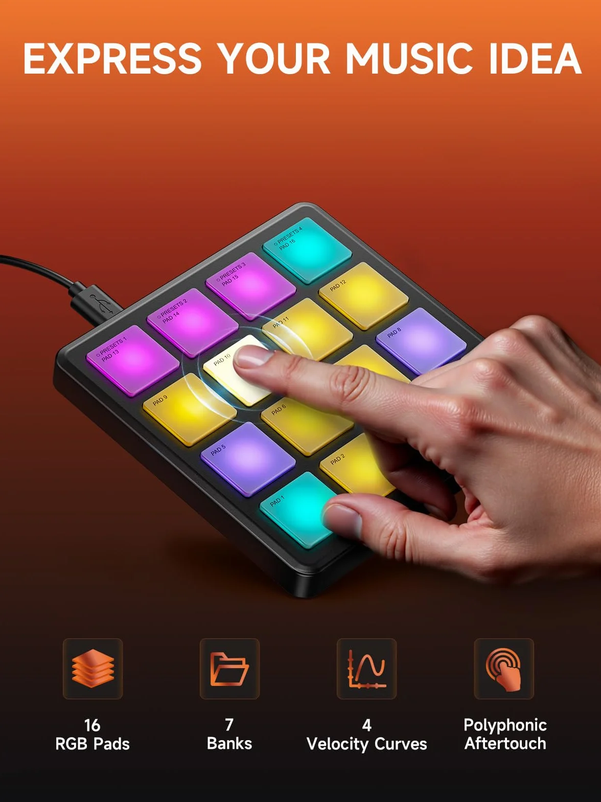 Donner Controlador MIDI con Pads para Crear Ritmos,Caja de Ritmos Portátil con 16 Pads de Ritmos,Repetición de Notas y Software de Producción Musical,Controlador MIDI USB con 40 Cursos,STARRYPAD MINI
