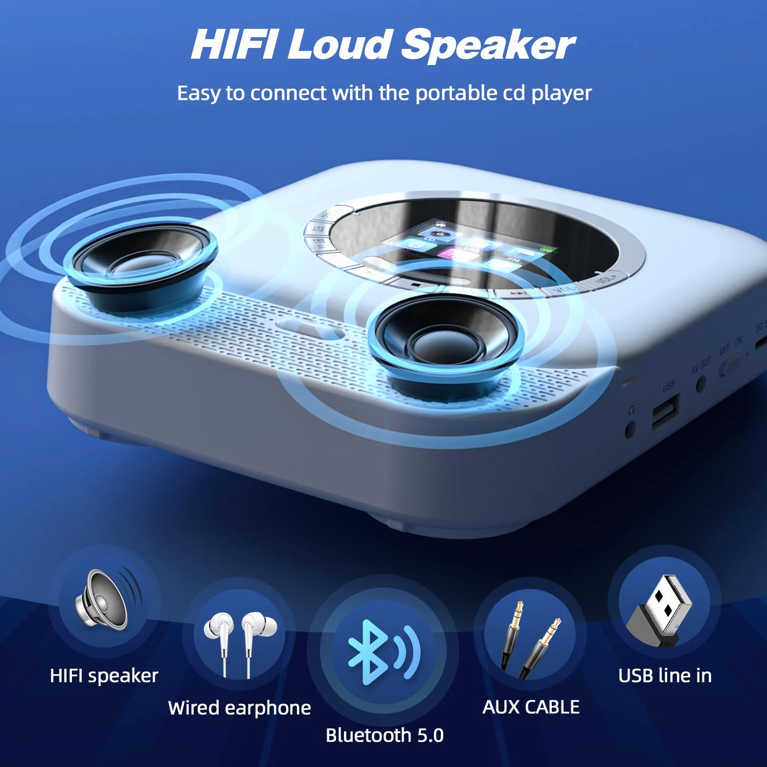 Arafuna Reproductor Portátil con Receptor Bluetooth y Altavoces, cd con Pantalla LED, Radio (White)