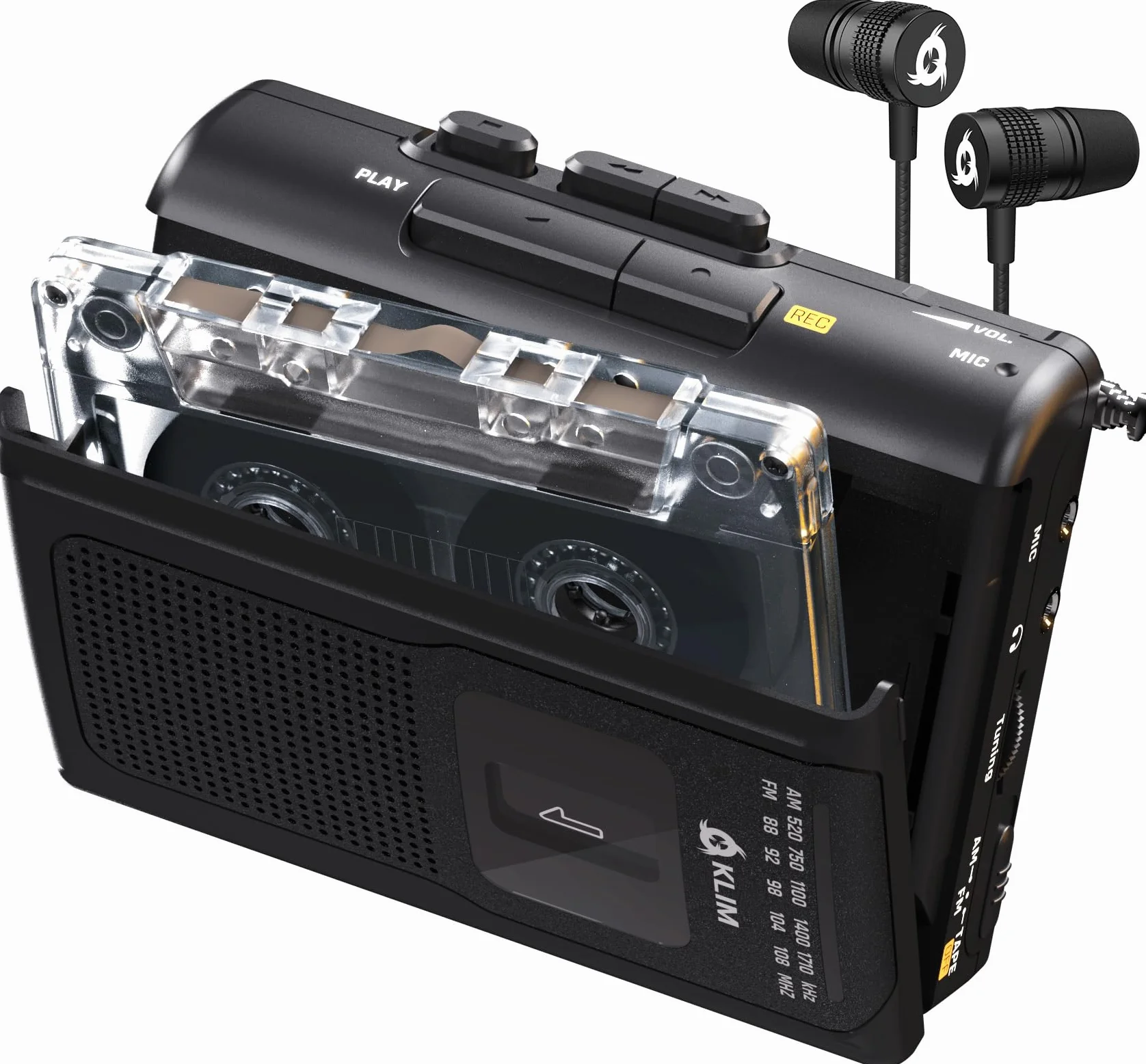 KLIM K8 Reproductor Cassette con Auriculares F1 - Cassette Player AM/FM Radio Negro