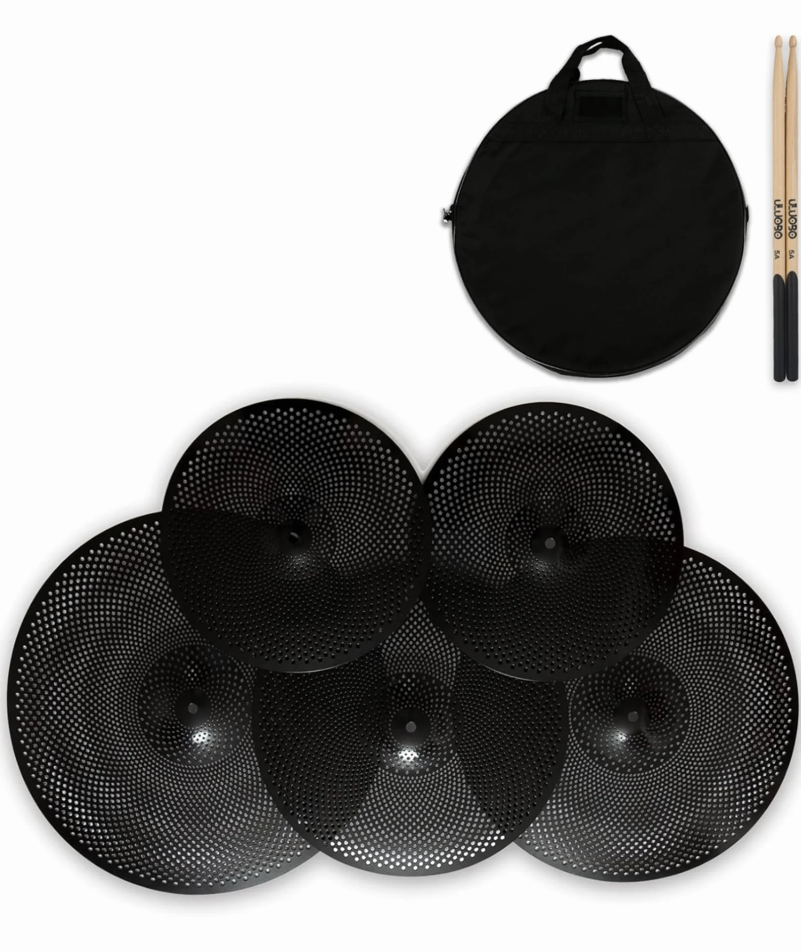 Paquete de platillos de bajo volumen, juego de platillos silenciosos de 14 pulgadas, 16 pulgadas, 18 pulgadas, 20 pulgadas (5 piezas, negro) | Incluye bolsa de platillos gratis