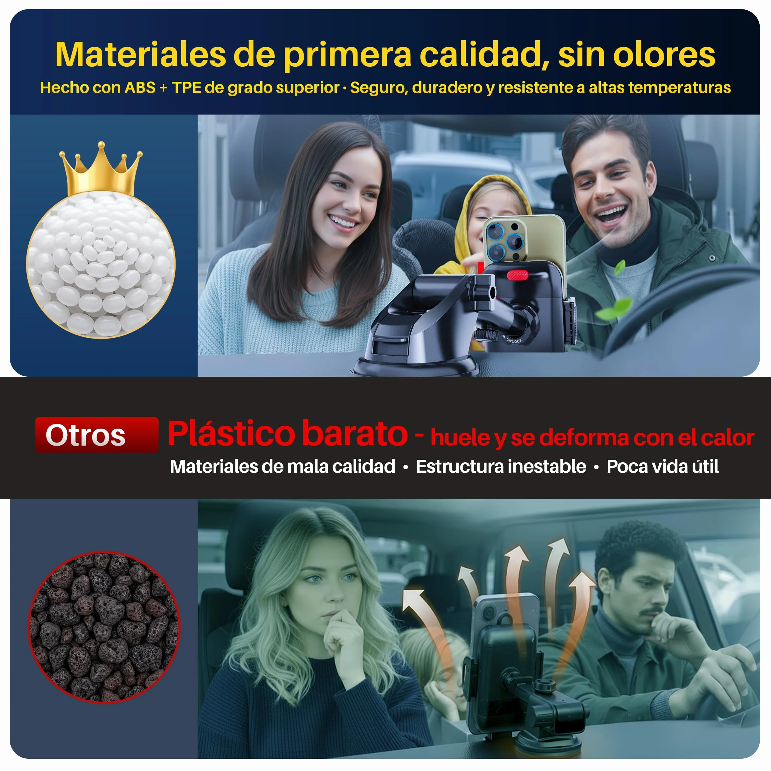 PORTENTUM Soporte movil Coche Rejilla de ventilación Triple Anclaje Rotación 360° orientable Compatible 4-7.5"