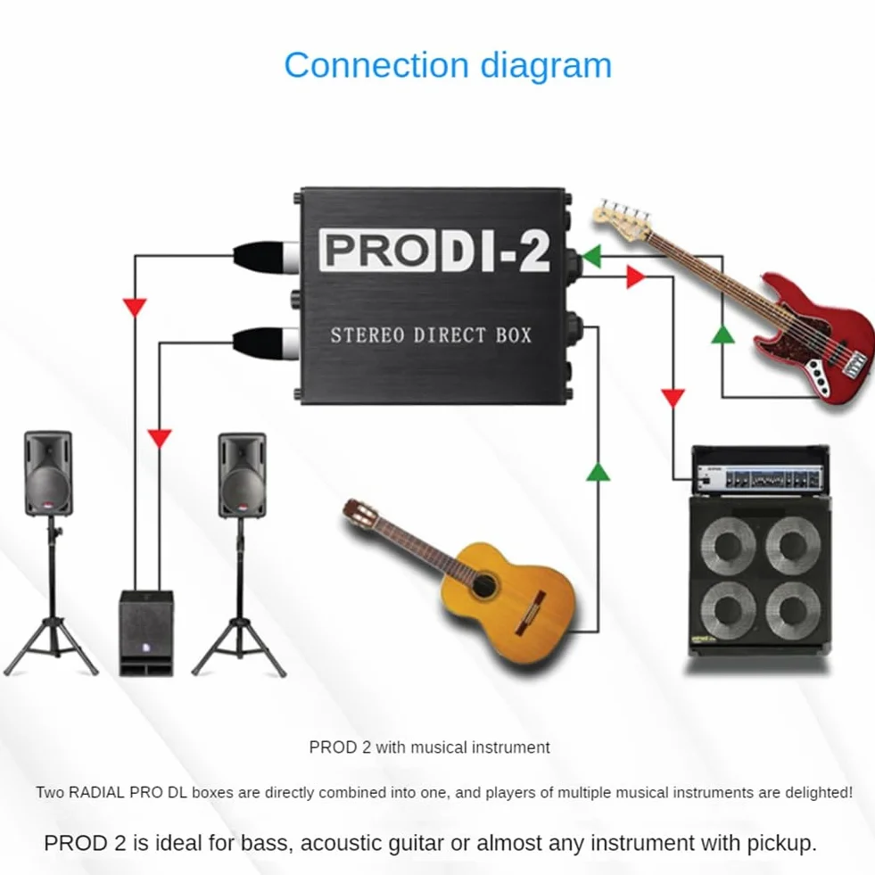 ProDI-2 Caja Directa EstéReo Pasiva Caja DI de Audio Caja de InyeccióN Directa Bajo Ruido Guitarra Bajo DI Convertidor de Audio de 2 Canales