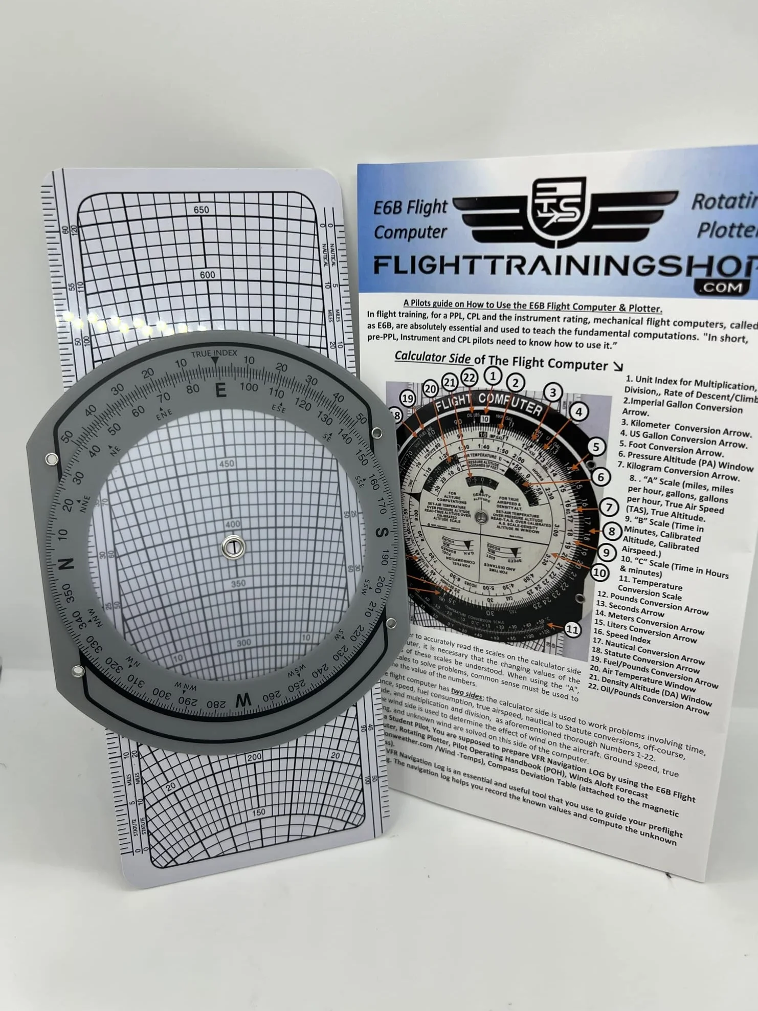 Pilot VFR Navigation Planning Set: E6B Computer, Rotary Plotter y Póster de Guía de Estudio