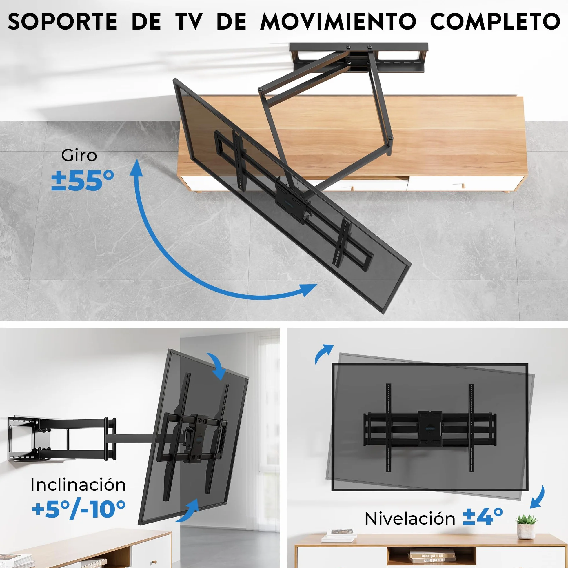 BONTEC Soporte TV Pared de 60-110 Pulgadas, Soporte Television Pared Giratorio e Inclinable, Extensión de 1016 mm, VESA 800x600 mm, Carga 125 kg, para Televisores Planos, Curvos y Pantallas Grandes