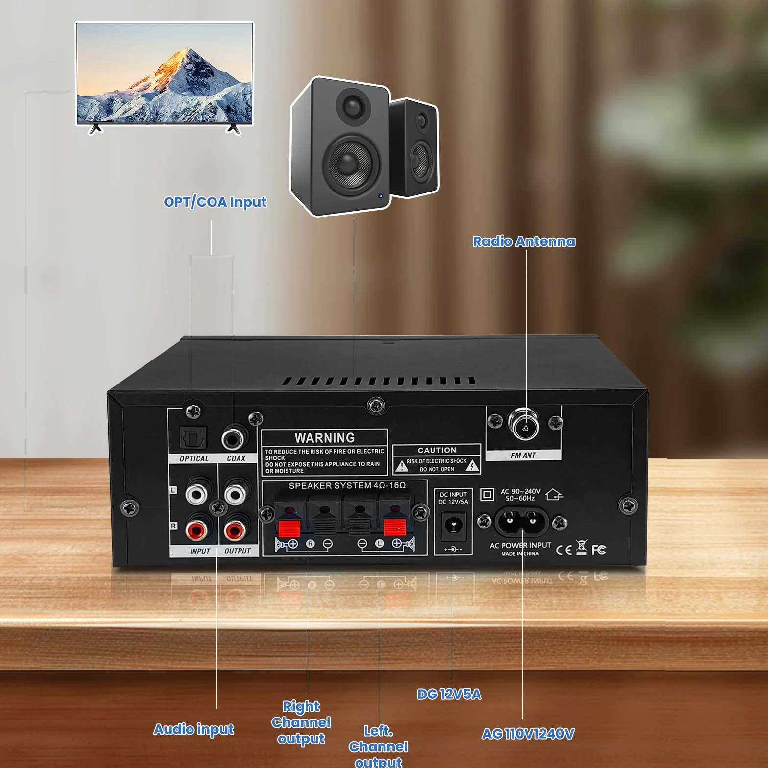 2 Canales Amplificador, 1000W Audio Estéreo, Bluetooth 5.3 Mini Hi-Fi Amp, para Dos 50W x2 Altavoces de Unas 8 Pulgadas, Bass/Treble/AUX/FM/MIC/USB, para TV, para el hogar o tu Coche (AK55)