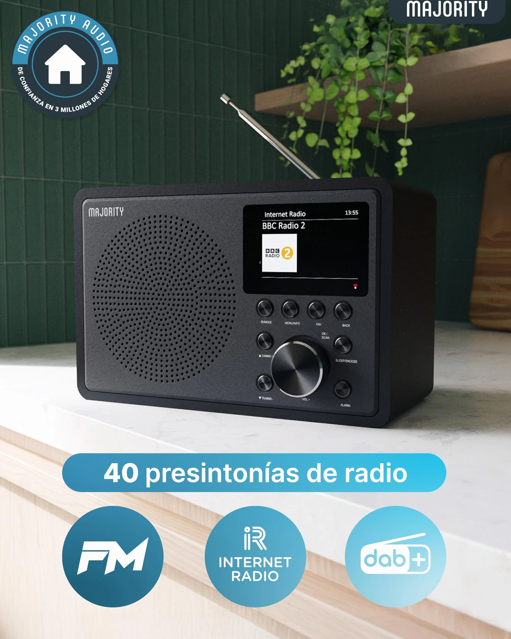 MAJORITY Radio Internet con Bluetooth | Dab+ FM Radio Internet WiFi | Radio WiFi con Altavoz DSP | Internet Radio con Spotify Connect y Podcasts | Multialarma, Control de la Aplicación Oktiv Touro