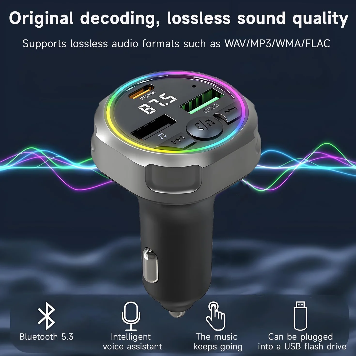 Qumox Transmisor FM Bluetooth 5.3 para Coche, Cargador PD 30W + QC3.0, Luz Ambiental RGB, Puertos USB Dobles, Manos Libres, Audio Hi-Fi, Compatible con iPhone/Samsung/Todo Tipo de Vehículos