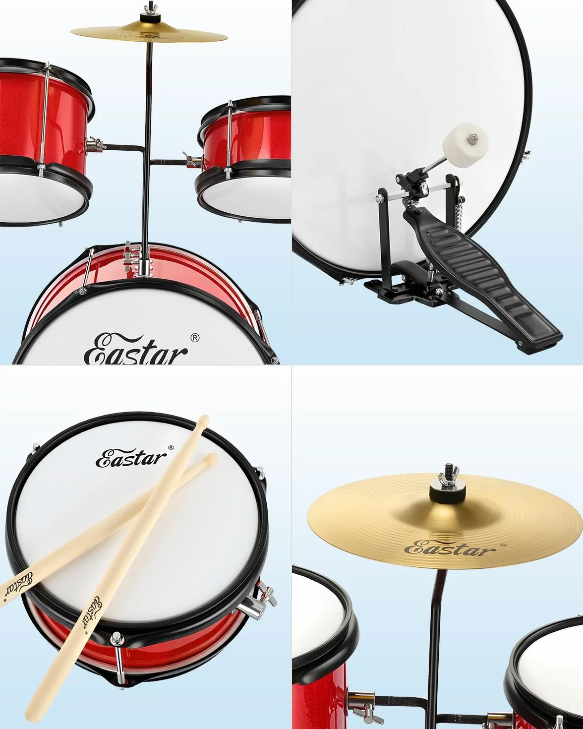 Eastar Drum Set 14 pulgadas para principiantes, 3 piezas Junior Drum Kit con Bass Tom Snare Drum, trono ajustable, platillo, pedal y dos pares de baquetas (rojo metálico)