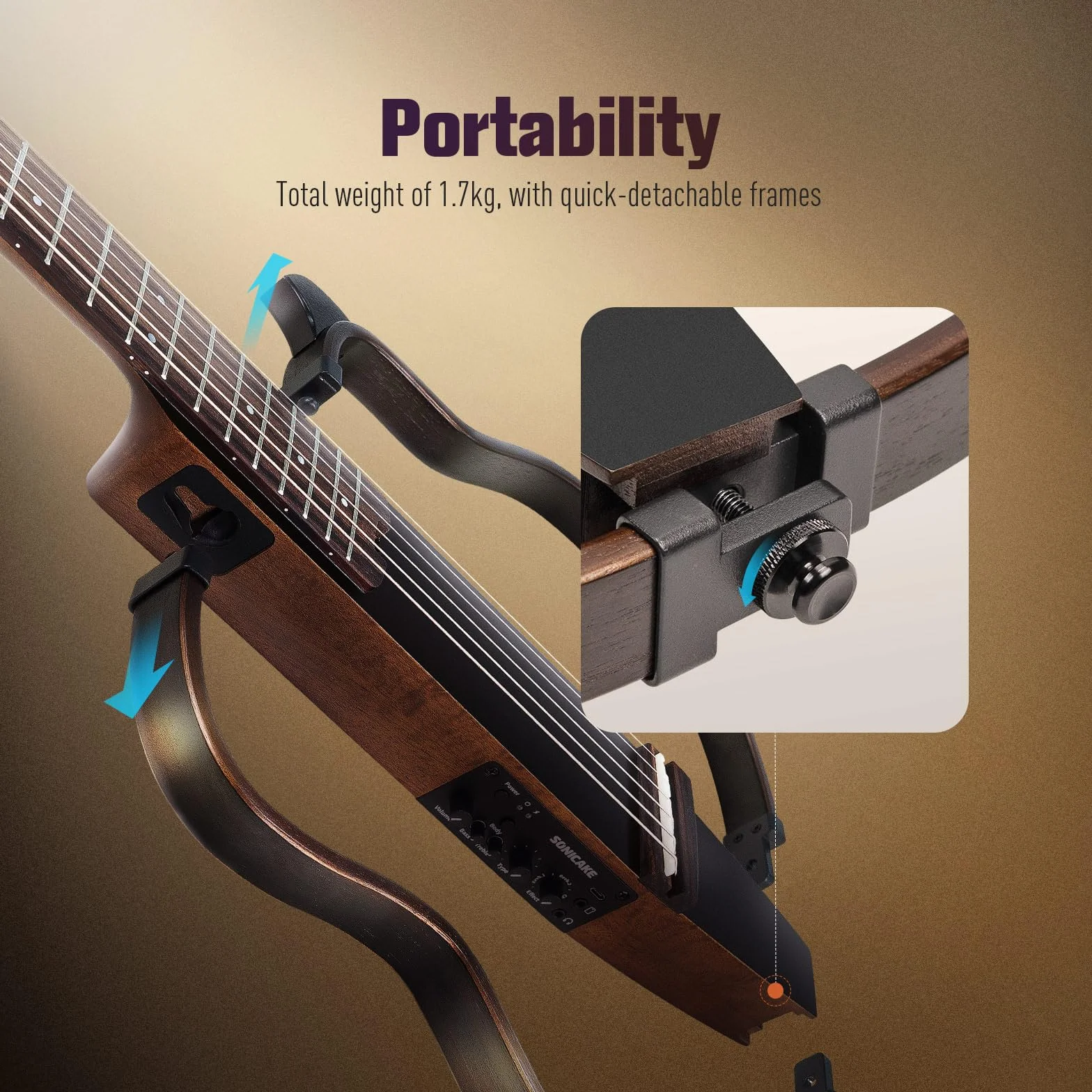 SONICAKE Guitarra Acústica-Eléctrica Portátil Cuerpo de Caoba Maciza, Marcos Fáciles de Montar, Preamplificador Sim de Múltiples Formas de Cuerpo, Funda y Accesorios QGT-01
