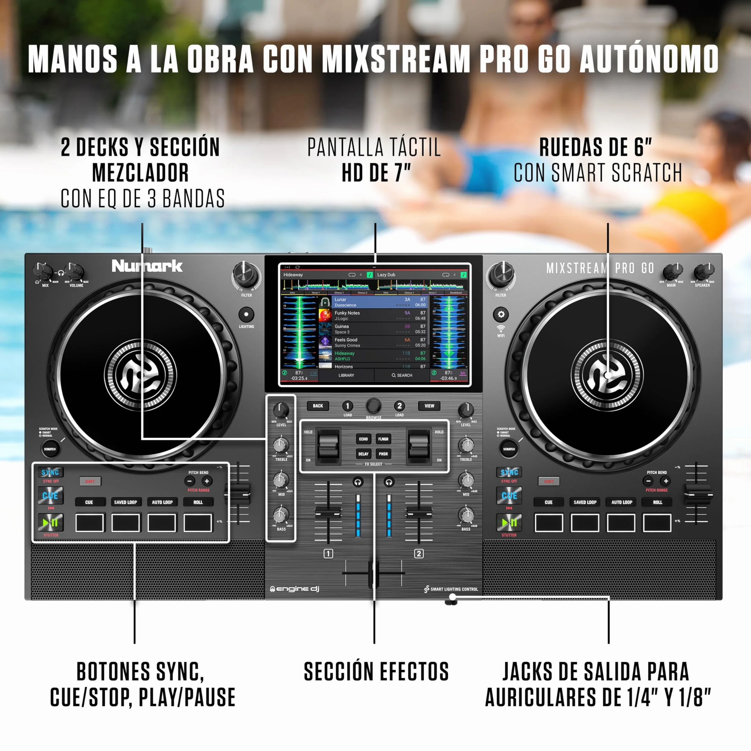 Numark Mixstream Pro Go Controlador DJ portátil, batería, mezclador con separación de stems, altavoces, streaming wifi, pantalla táctil y Serato DJ
