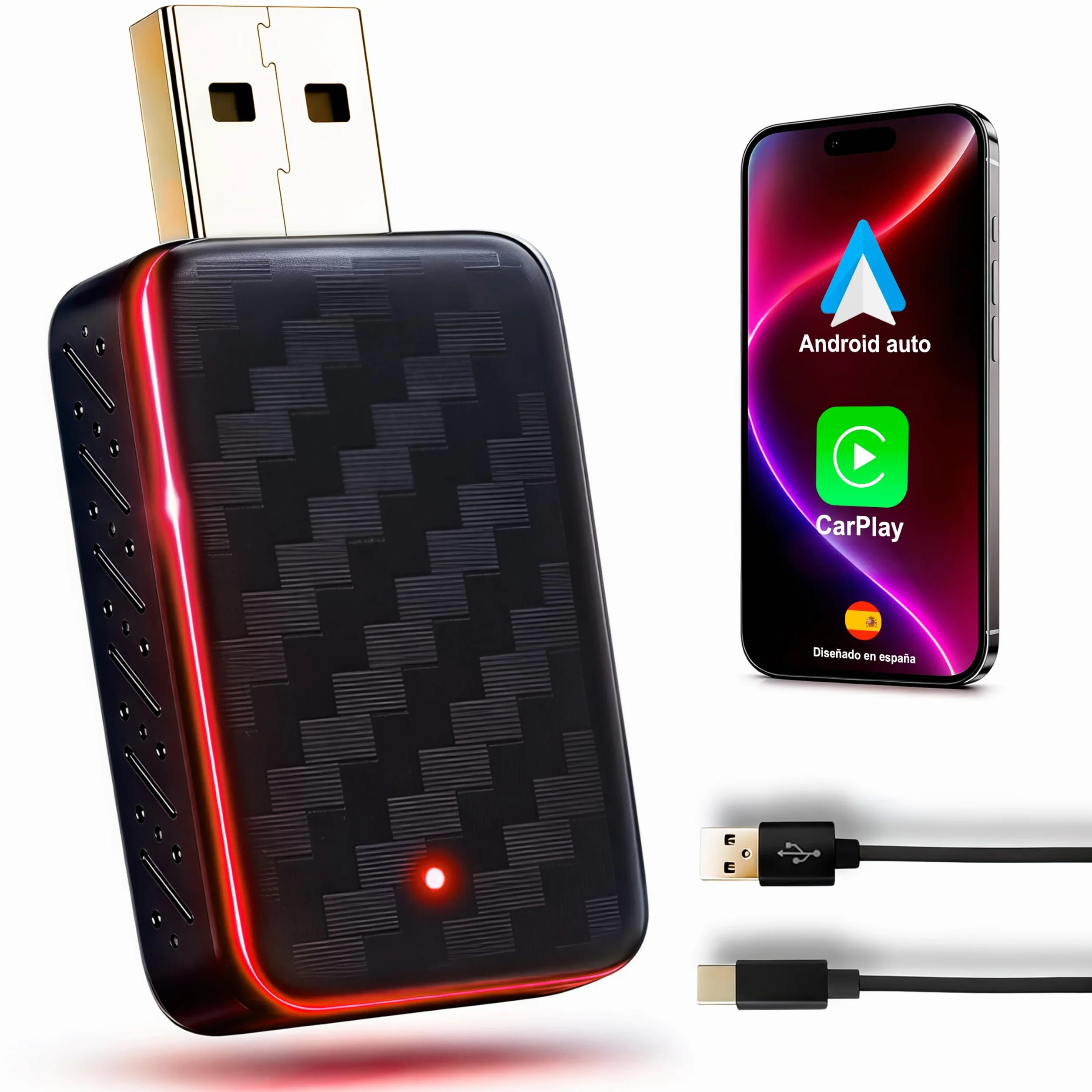 SweetSolutions© Adaptador Carplay Inalámbrico | Android Auto |2 En 1| Convierte Conexión por Cable a Inalámbrica para Coche | Compatible con iOS 10+ y Android 11+, USB-C/A, 6GHz WiFi