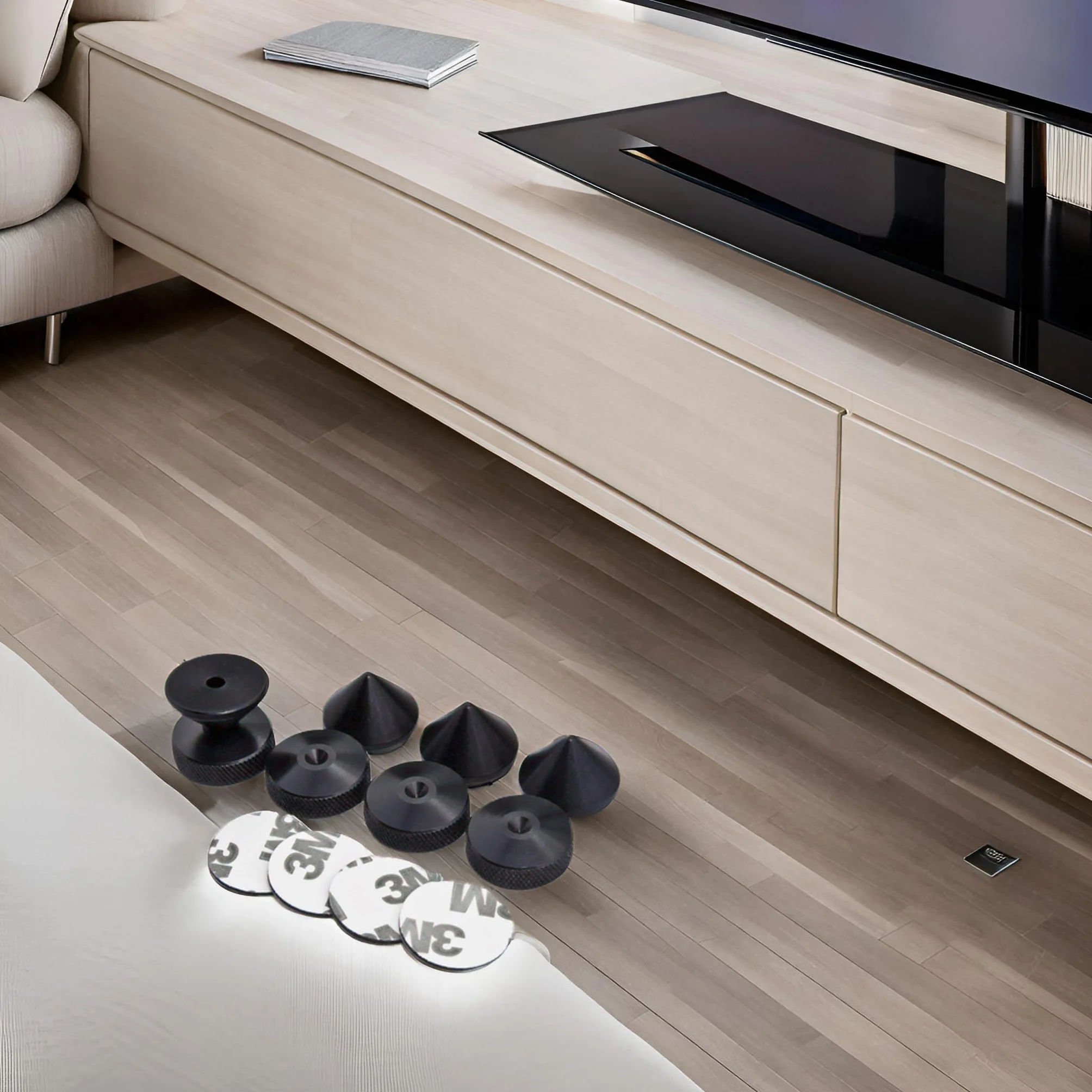 Puntas de Desacople para Altavoces Aluminio Anodizado Negro + Almohadilla de Espuma 3M Adhesiva