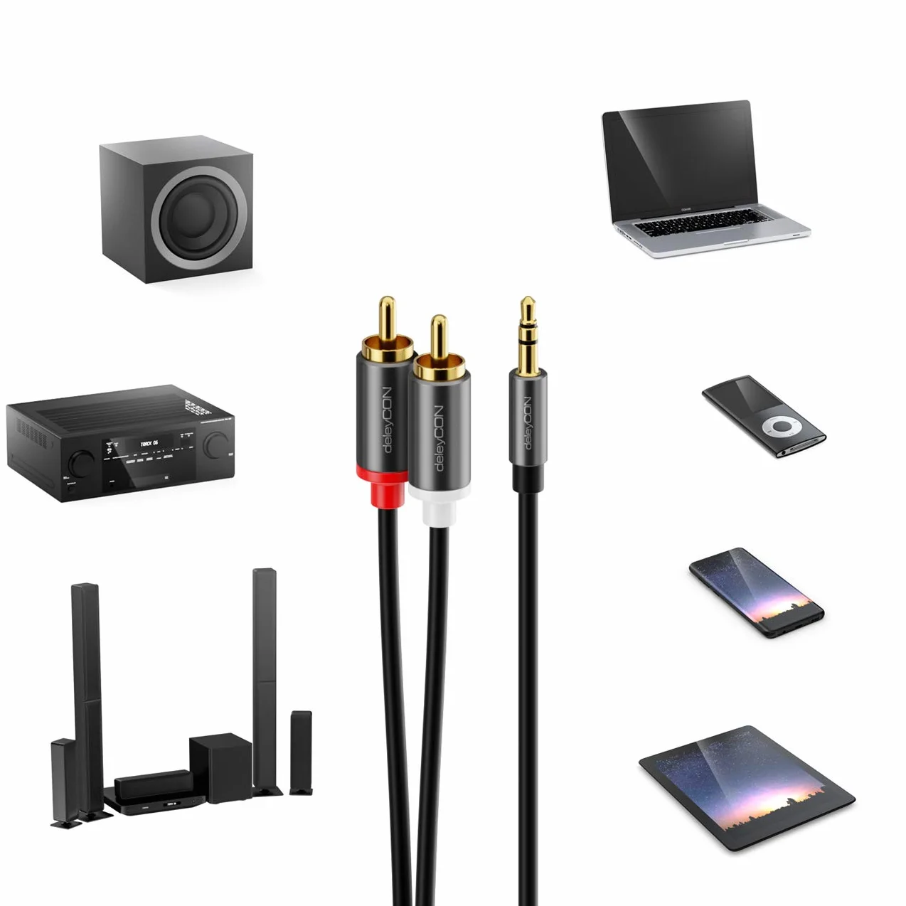 deleyCON 5m Cable Jack a Cinch RCA 3,5mm Audio Convertidor Móvil y Smartphone a Receptor HiFi