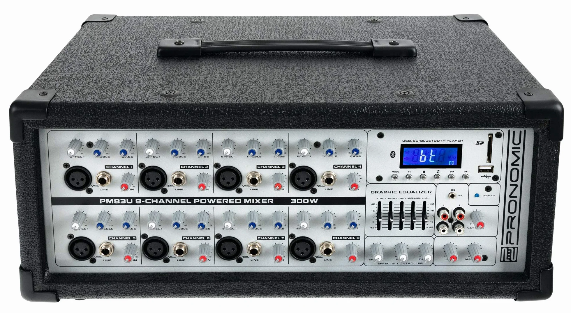 Pronomic PM83U mezclador de potencia de 8 canales con reproductor MP3 USB/SD/Bluetooth (mesa de mezclas en vivo con amplificador integrado, dispositivo de efectos digital, 300W)