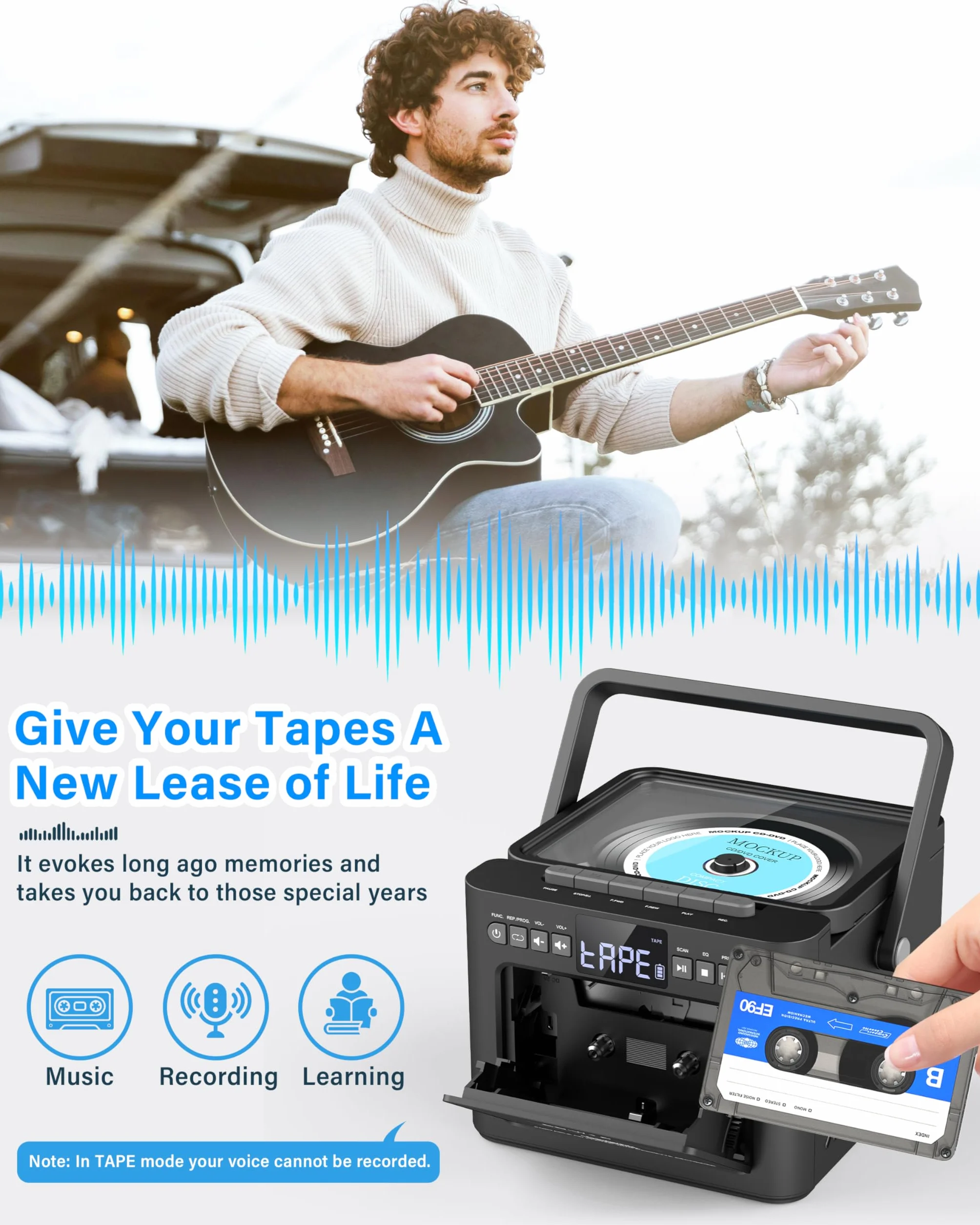 Greadio Reproductor de CD portátil para el hogar, reproductor de casete Boombox recargable, reproductor de CD de radio FM con Bluetooth, batería de 5000 mAh, control remoto, USB, AUX, tarjeta TF/SD,