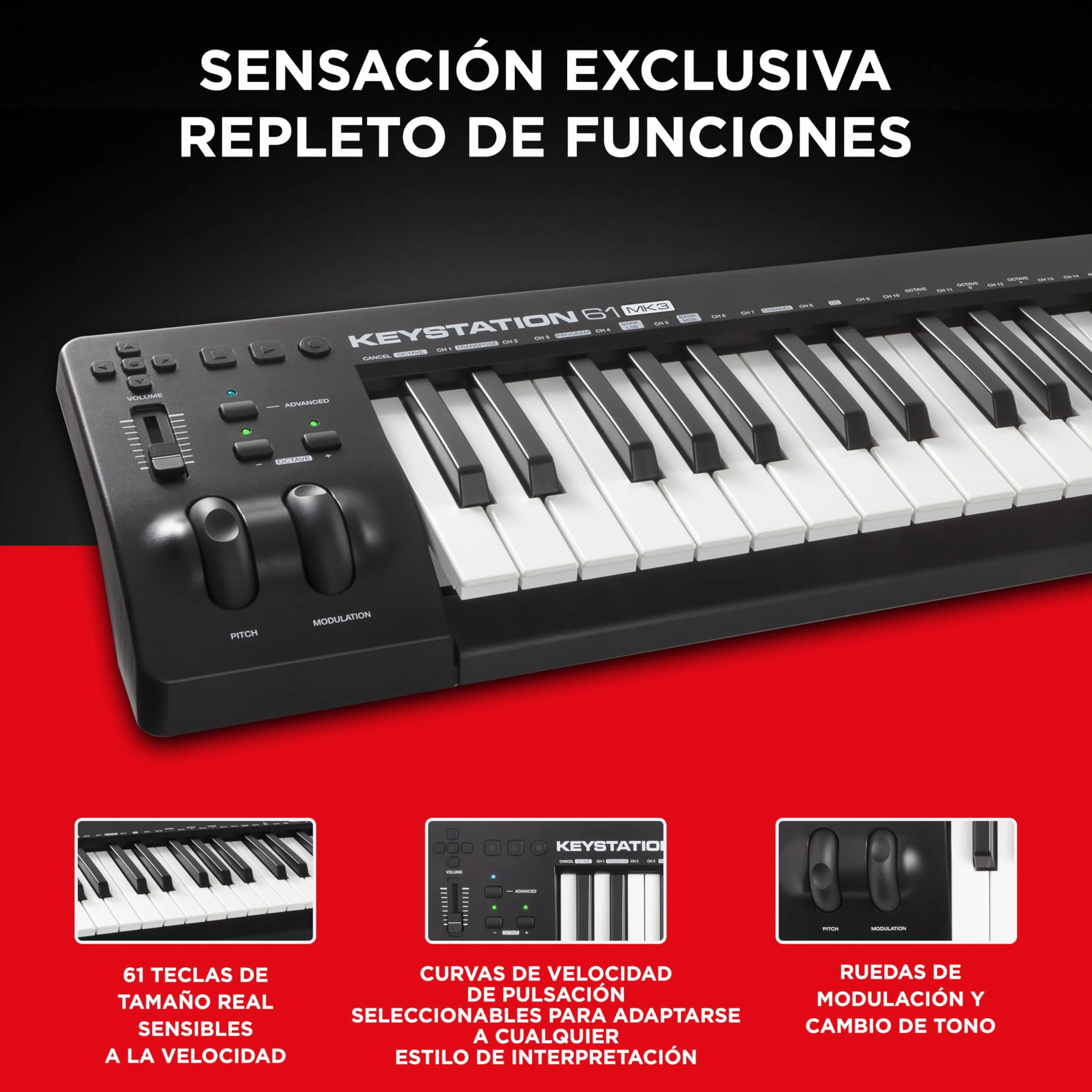 M-AUDIO Keystation 61MK3 Teclado Controlador MIDI Compacto de 61 Teclas con Controles Asignables, Ruedas de Cambio de Tono/Modulación, Conectividad Plug-and-Play (Mac/PC) y Software Incluida