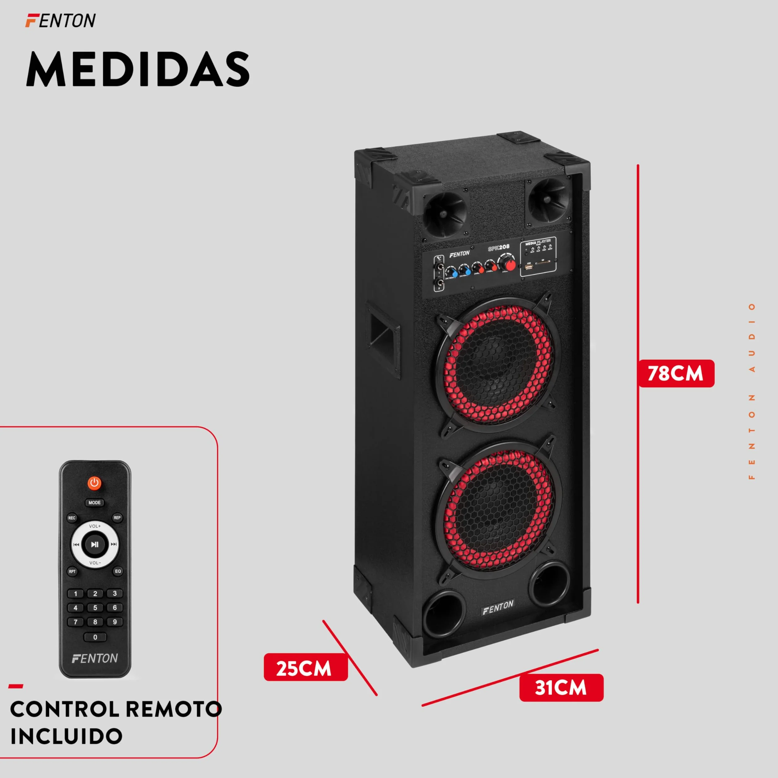 Fenton SPK208 – Altavoces Activos PA Doble woofer 8 Pulgadas con Amplificador Integrado, Bluetooth, MP3, USB, SD, Dos entradas de Micro Eco Ajustable, Ideal para Fiestas, Karaoke y Eventos.
