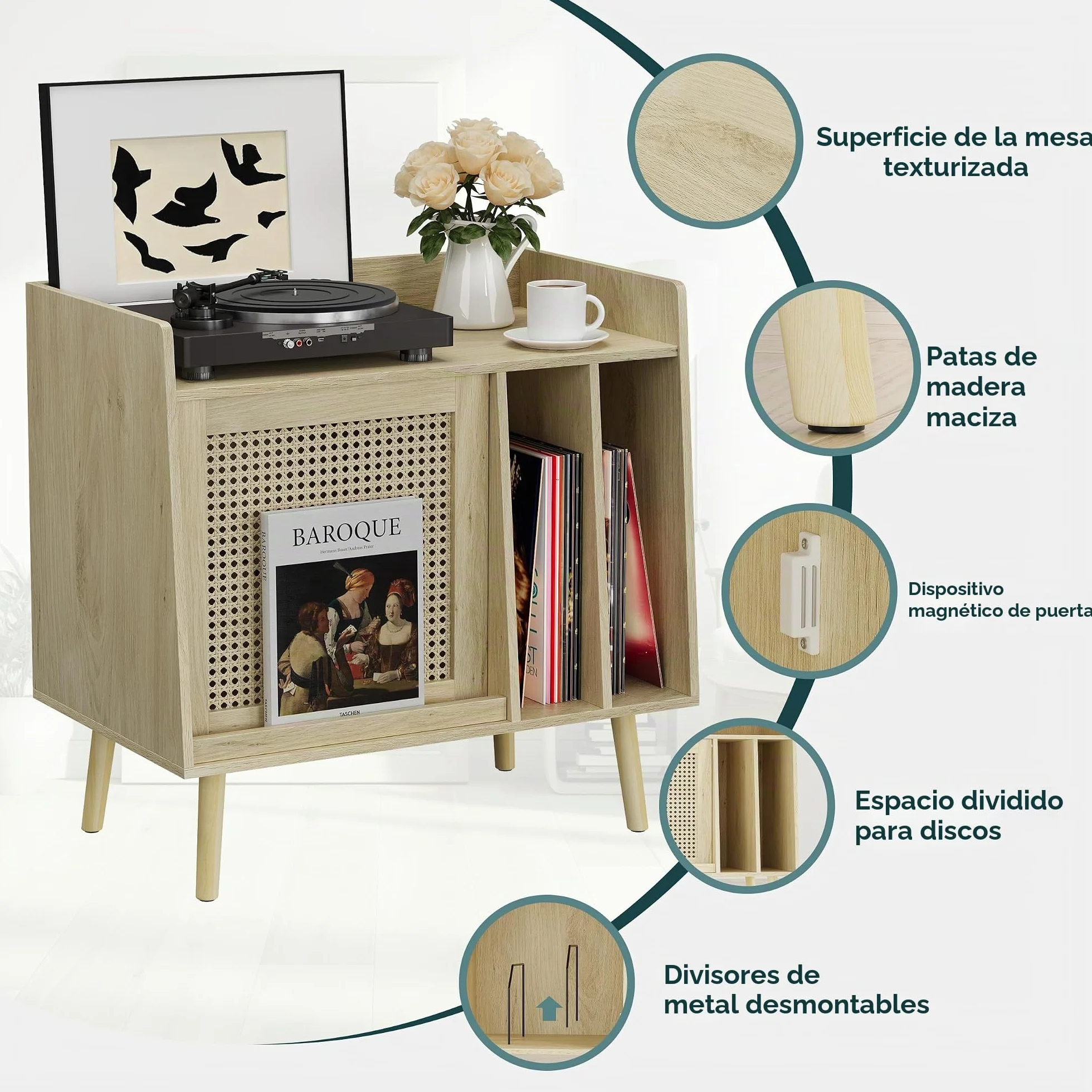 Semiocthome Soporte para tocadiscos con almacenamiento de vinilo, mesa de tocadiscos con puerta de armario de ratán, soporte para discos de vinilo con área de exhibición, mesa auxiliar con patas de