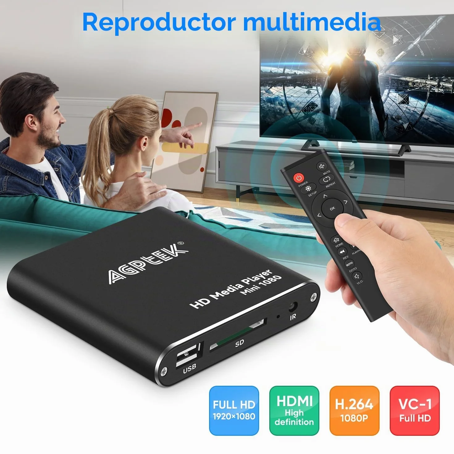AGPTEK Reproductor Multimedia 1080p HD Mini Media Player HDMI Control Remoto MKV RM USB HDD SD Negro