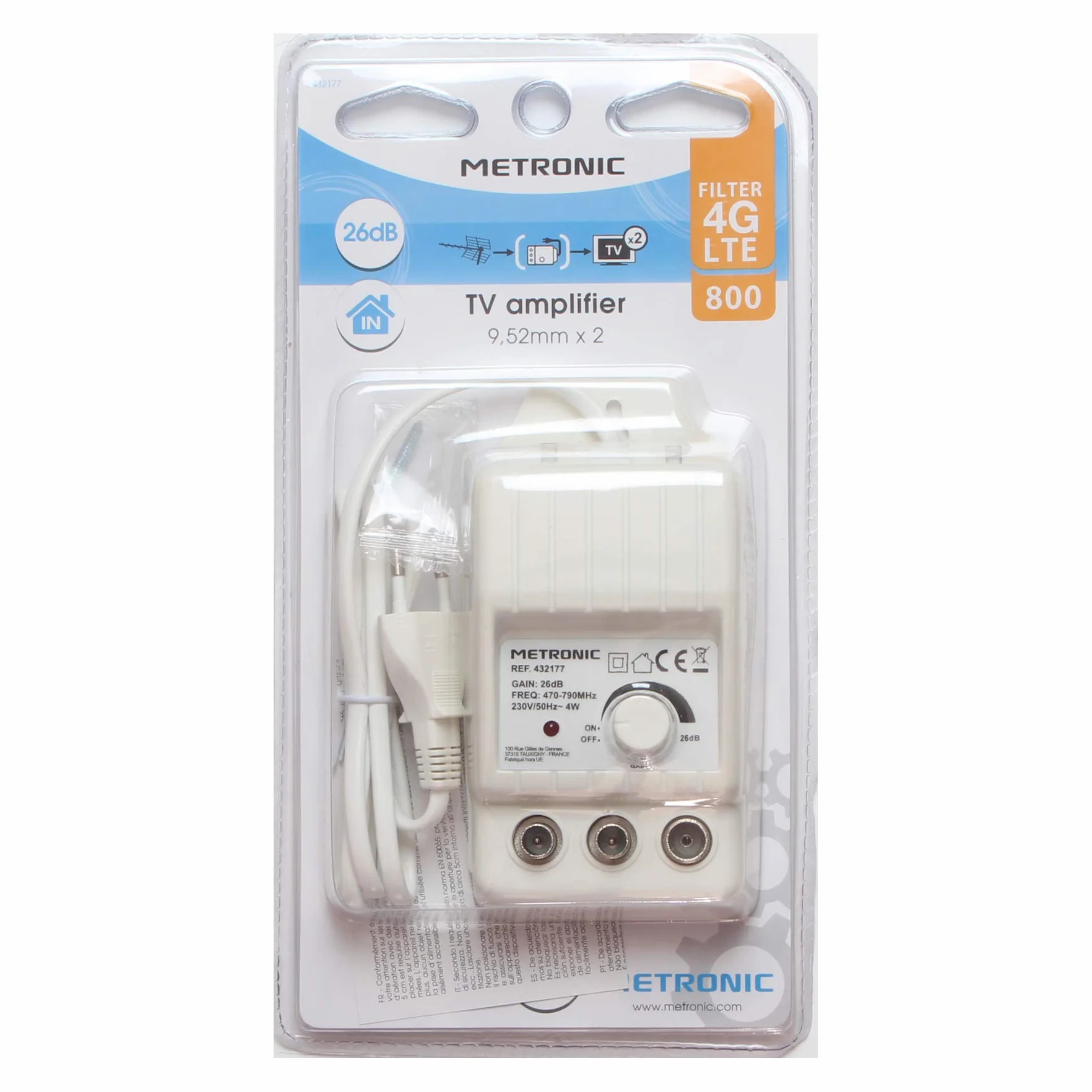 Metronic 432177 - Amplificador de interior con ajuste de ganancia y protección 4G, blanco