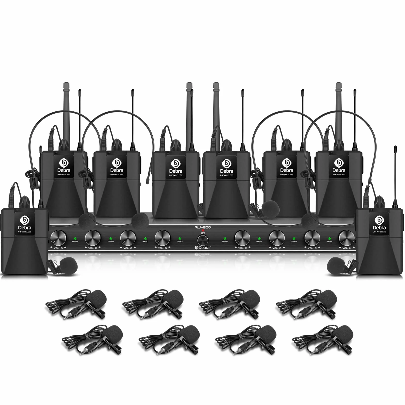 D Debra Sistema Micrófonos Inalámbricos UHF, 8 Canales, 8 Bodypack, Receptor Metal, para Karaoke e Iglesias