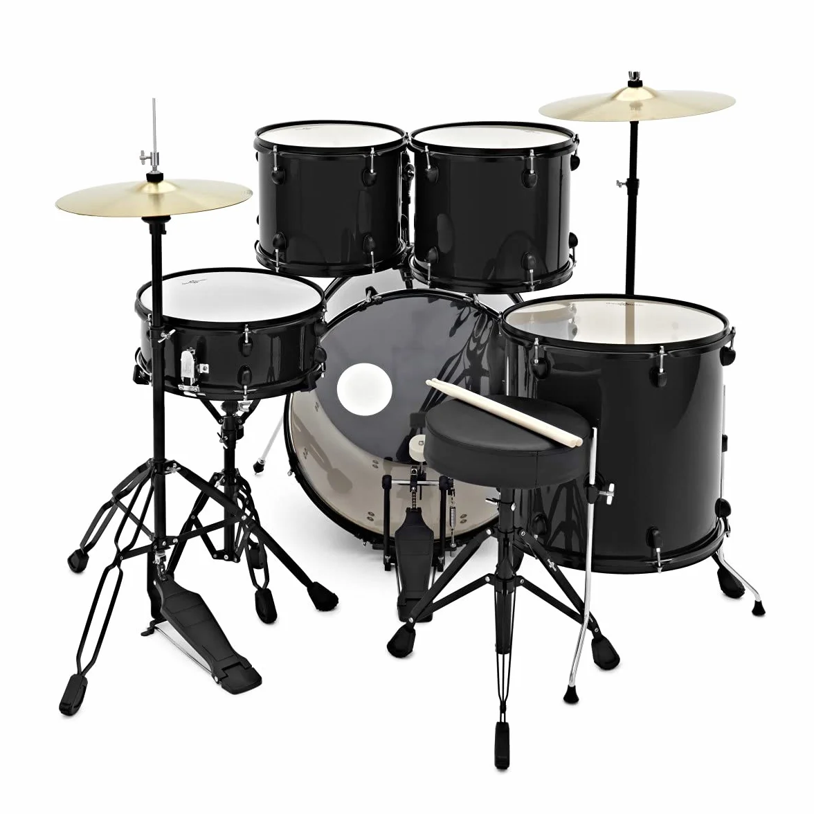 Gear4music BDK-1 Kit de Batería Compacta Completa para Principiantes - Batería Acústica de 5 Piezas, Platillos, Pedal de Bombo, Sillín y Baquetas - Negro