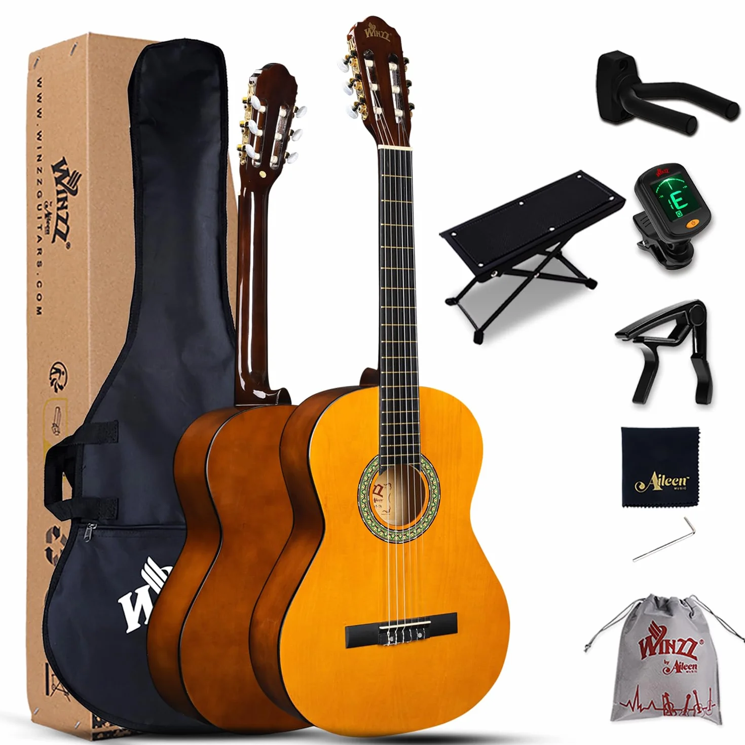 Winzz Guitarra Clásica 4/4 Starter Kit 39" para Principiantes con Reposapiés, Soporte con Ganchos de Pared, Diapasón, Afinador, Funda, Paño de Pulir - 6 Cuerdas de Nylon, Amarillo Brillante