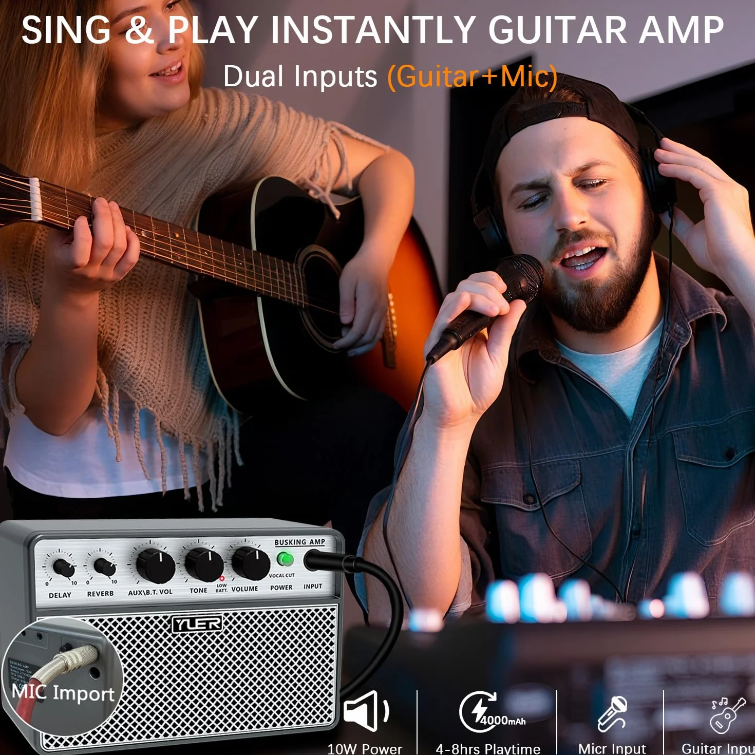 Yuer BA-10Pro - Amplificador de guitarra acústica de 10 W, amplificador portátil de voz y guitarra con retardo digital/efecto reverberación, conector para auriculares/OTG para grabación, práctica