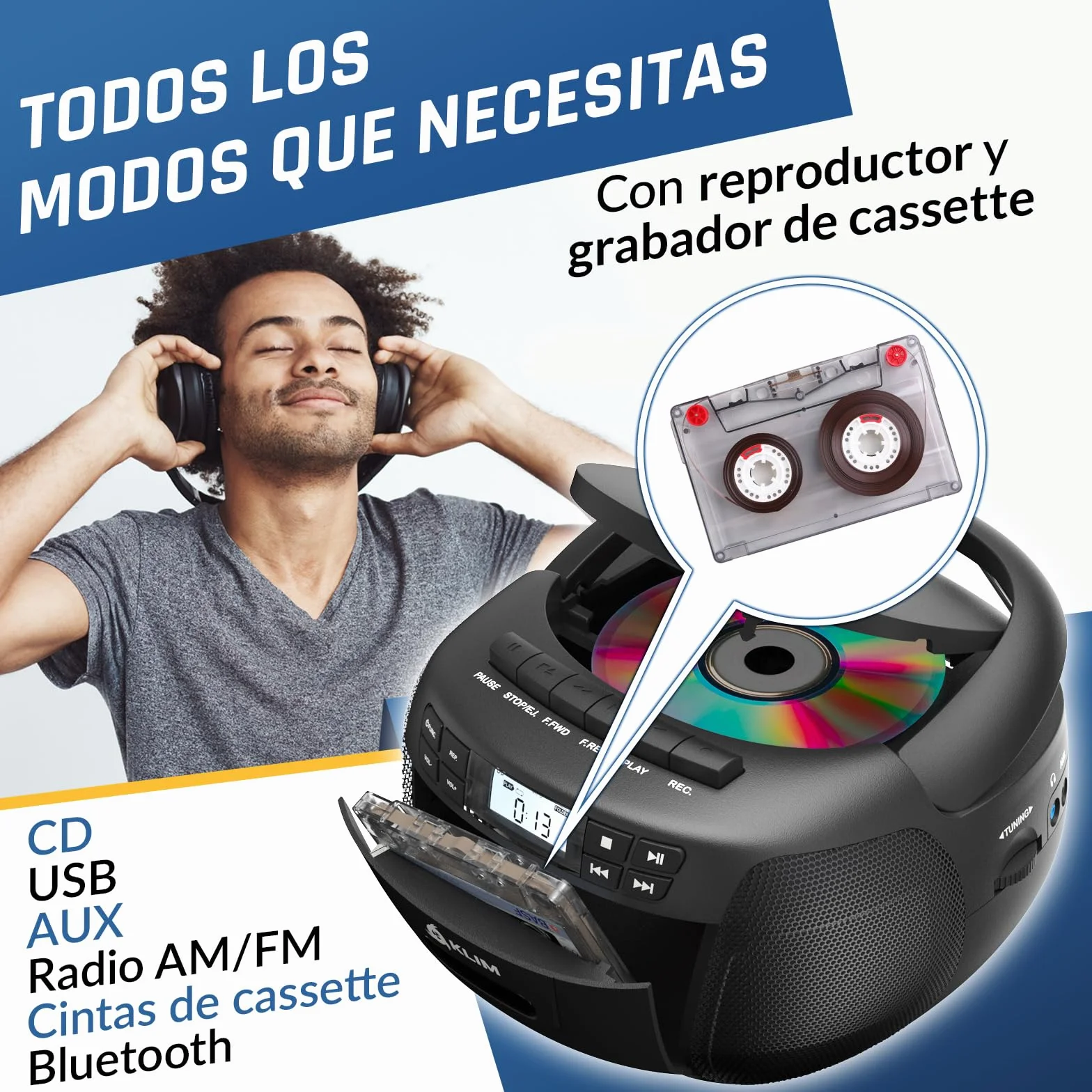 KLIM Reproductor CD Cassette Radio AM/FM Bluetooth Control Remoto AUX Grabación Cinta Estéreo