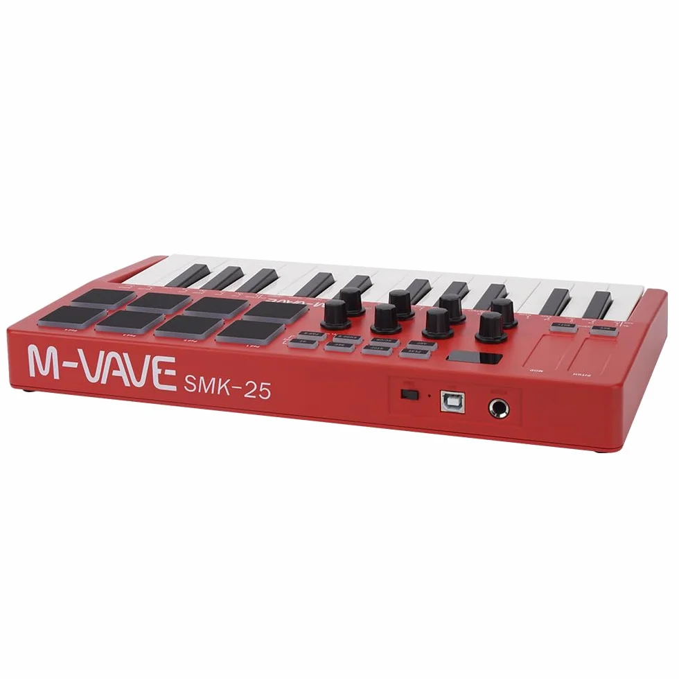 M-VAVE SMK-25RD - Teclado Controlador MIDI USB de 25 Teclas con 8 Pads de Batería Retroiluminados, Bluetooth, 8 Teclas, Teclas Dinámicas Profesionales, Rojo