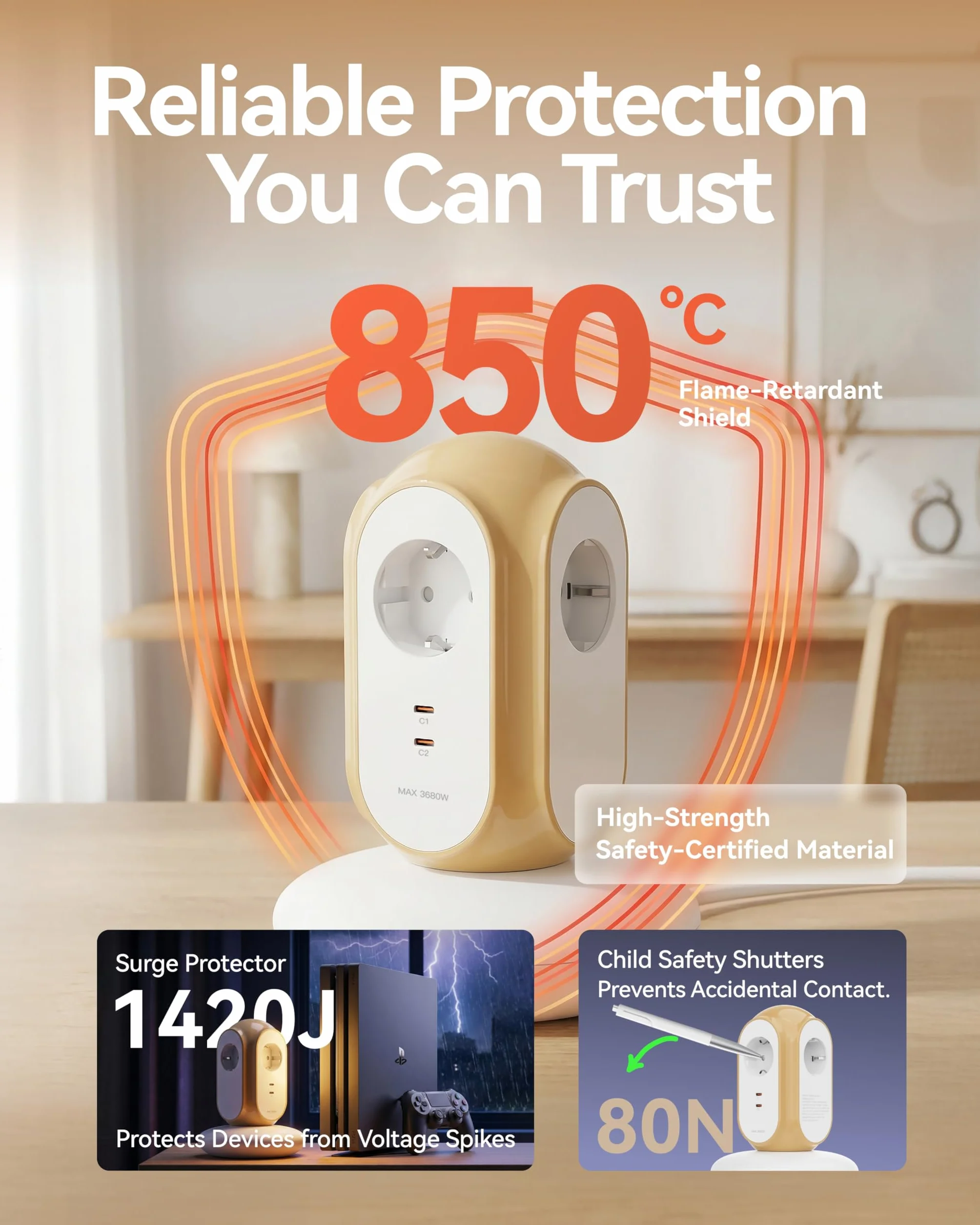 MiaoLab Regleta Eléctrica en Torre con 3 Tomas AC y 2 USB-C (Carga Rápida 30W), 3680W/16A, Protección contra Sobretensiones 1420J, Cable de Extensión 2 m, Protección contra Sobreca (Beige Toscano)