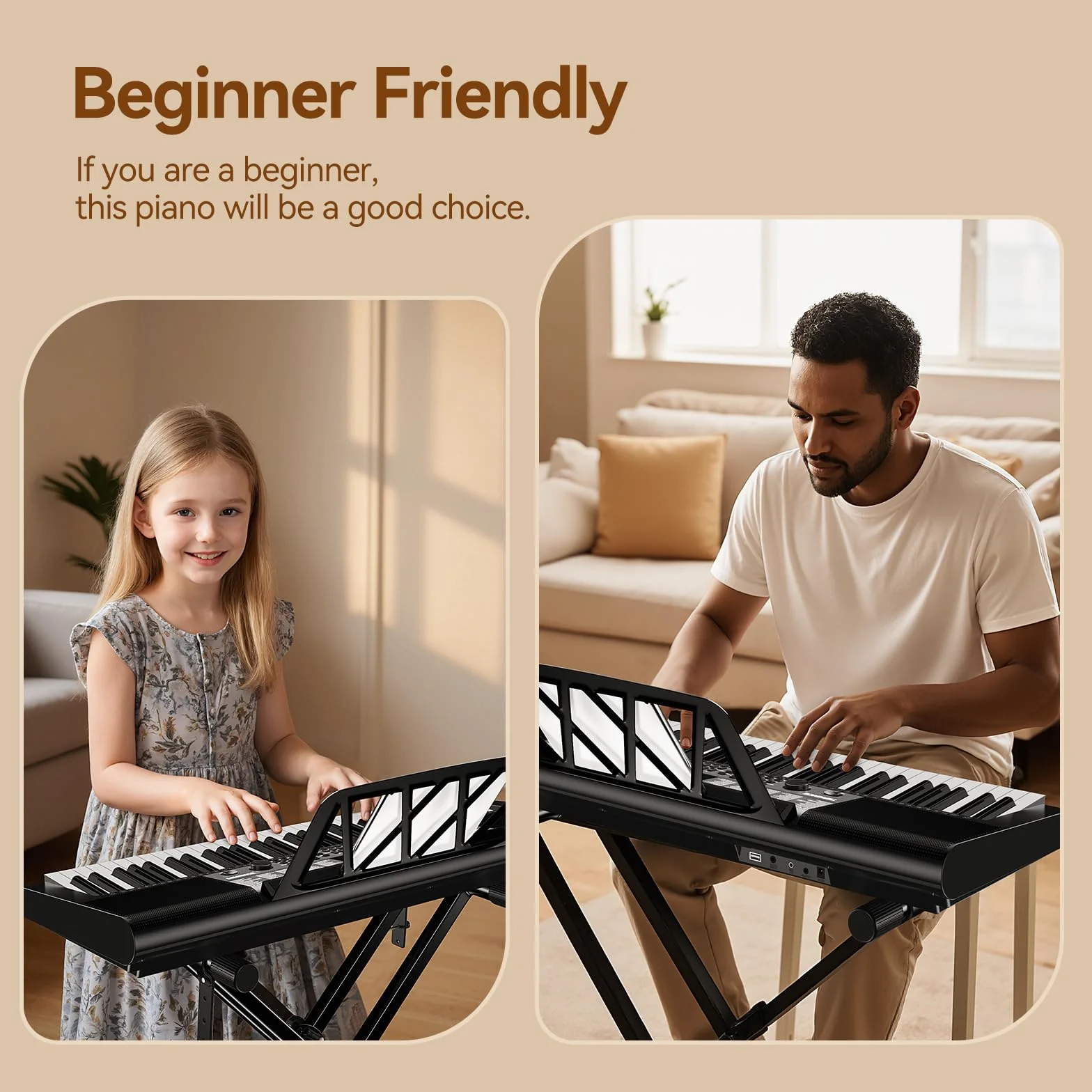 TERENCE piano digital 61 teclas, doble sistema de audio HiFi y panel multifunción 51 LED, interfaz modo doble teclado doble alimentación adaptador batería puertos de audio Pro