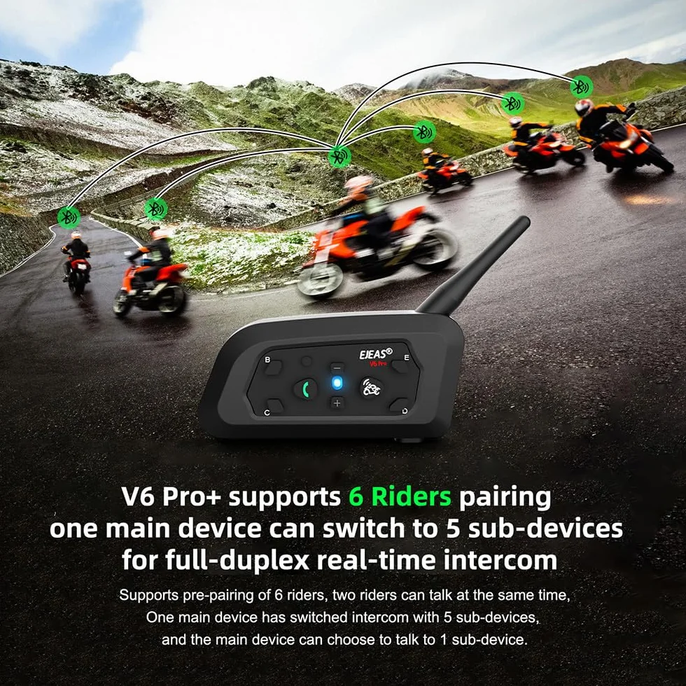 EJEAS V6 Pro+ BT Interphone 1200M Bluetooth Casco Intercom Auriculares con Control Avanzado de Ruido para 6 Riders (2 Pieza)