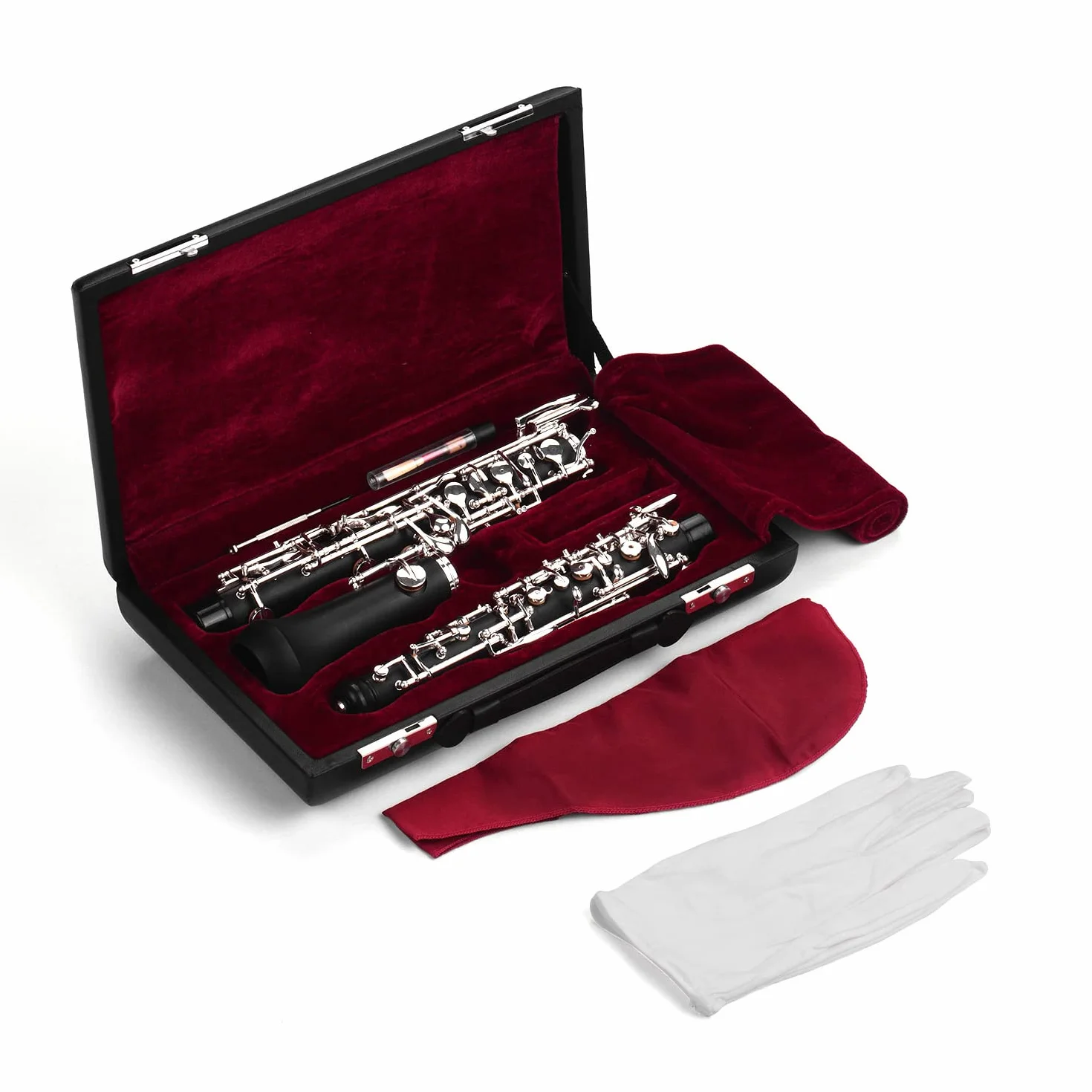 oboe,Llave de Oboe C profesional Estilo semiautomático Llaves plateadas Instrumento de viento de madera con guantes de caña de oboe Estuche de cuero Bolsa de transporte Paño de limpieza M