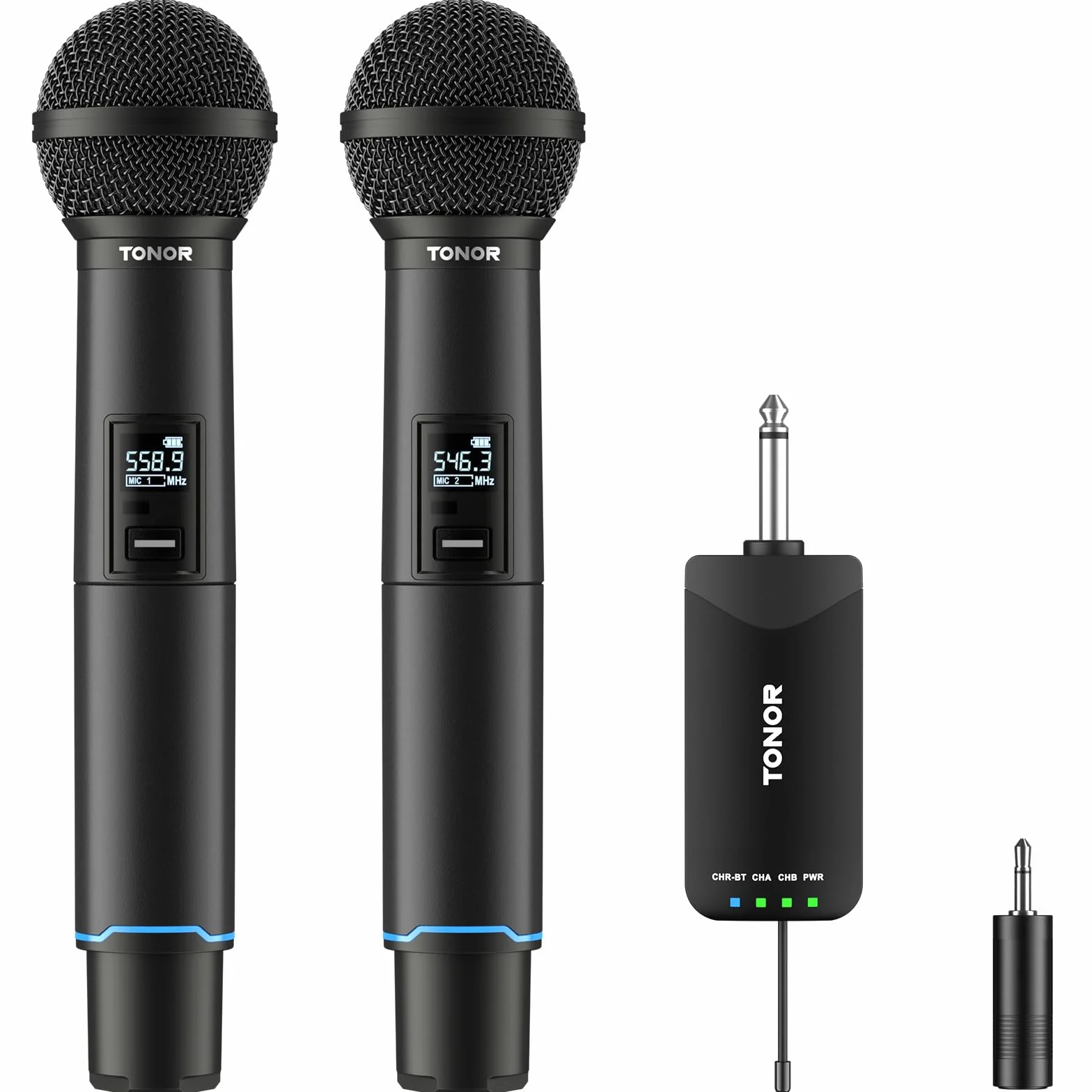 TONOR Micrófono Inalámbricos, Micrófono Metálico Dinámico de Mano Recargable, Receptor de Entrada Bluetooth Auto-Pair, 2x25 Frecuencias UHF,Clic para Silenciar, para Canto/DJ/Boda/Iglesia,100 M, TW720