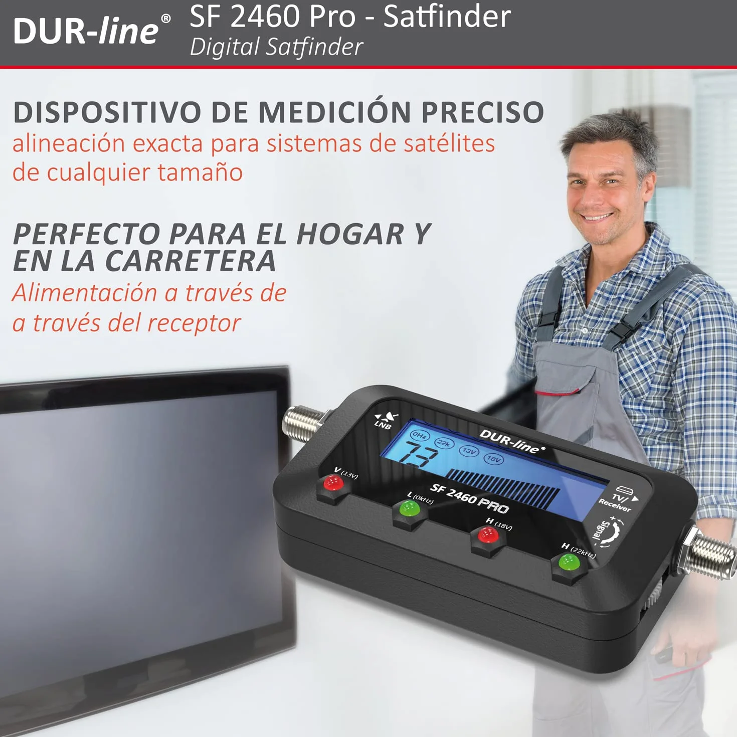 DUR-line SF 2460 Pro – Digital Satfinder – Medidor preciso para alinear tu cuenco satelital – Buscador de satélite, incluye cable F, señal de sonido, pantalla LCD, Astra, Hotbird