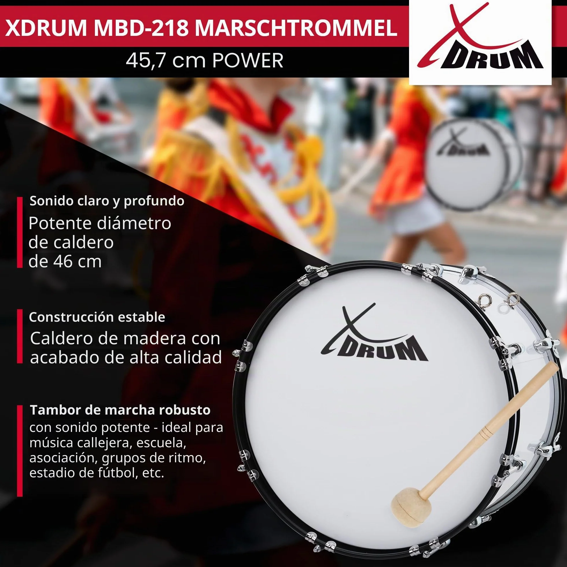 XDrum MBD-218 Tambor de marcha 18x12" - Bombo grande, 6,5 kg; 4 anillas de sujeción; 8 tornillos de tensión por lado; incluye mazas, correas, llave de afinación; blanco