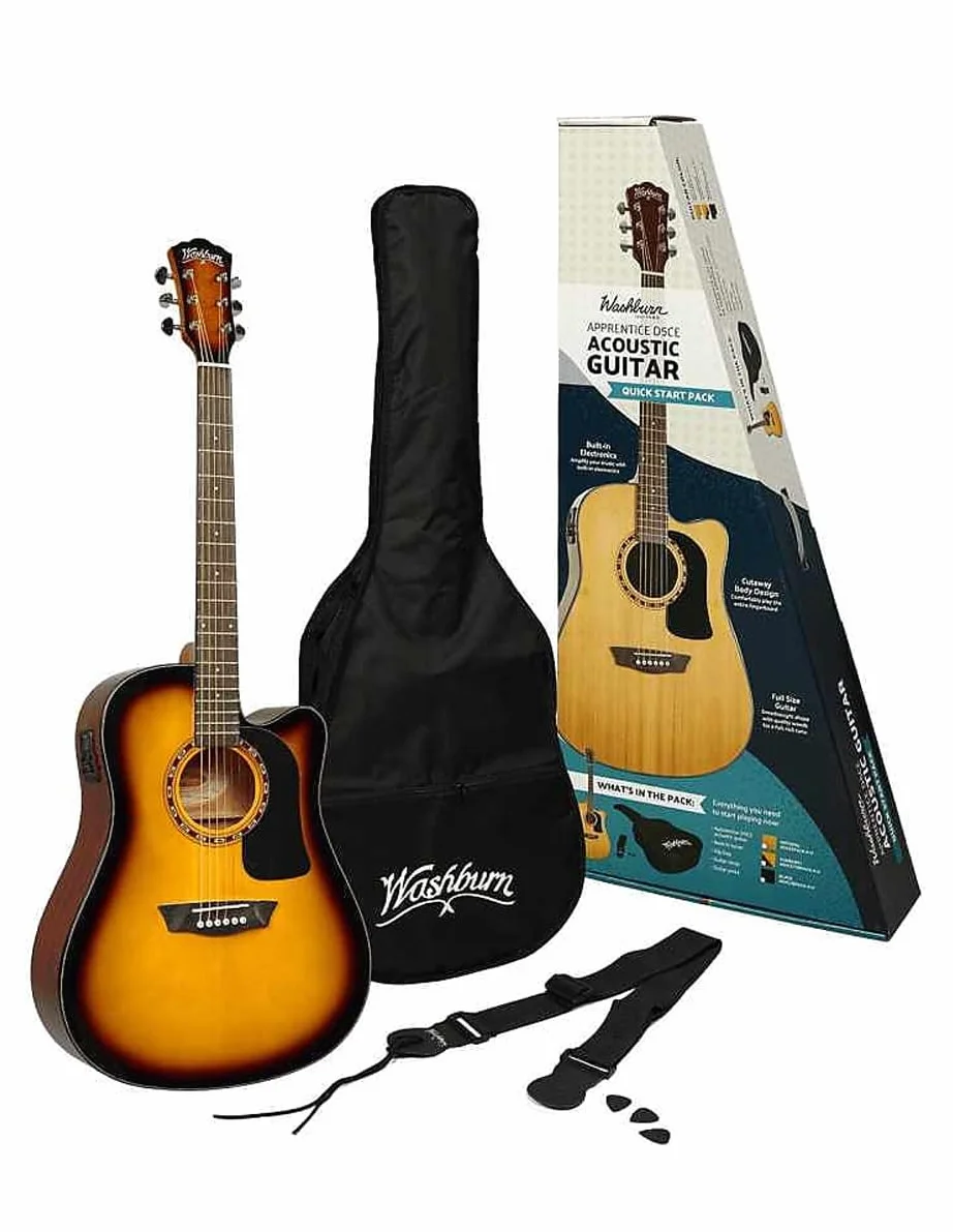 Washburn Apprentice Pack D5CE Natural - Guitarra acústica eléctrica (incluye funda, correa y micrófonos)