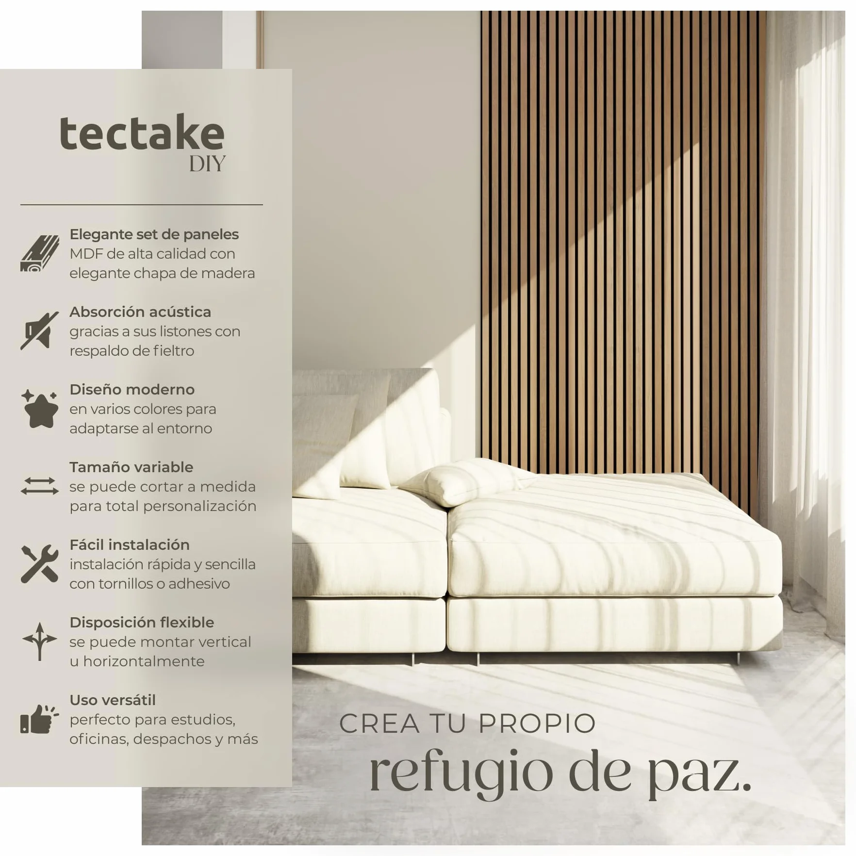 tectake® Paneles de Pared Decorativos MDF, Chapa de Madera Real, Excelente Acústica, Tejido de Fieltro y Madera, Insonorización Acústica Pared - 60 x 120 x 2,1 cm 2 Paneles Roble