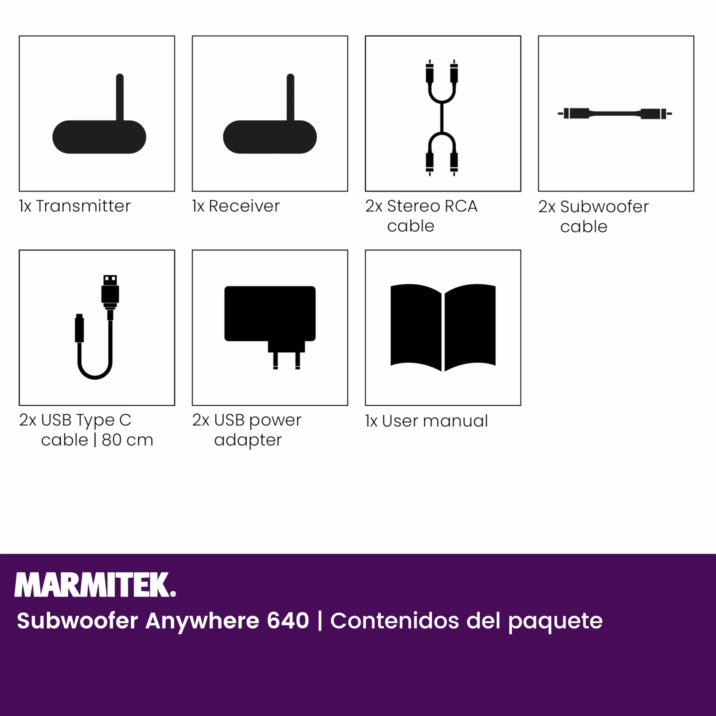 Kit subwoofer inalámbrico Marmitek Subwoofer Anywhere 640 - Sub Activo por LFE/Line - Transmisión Digital Estable, RCA Dorado, Auto Standby - USB-C