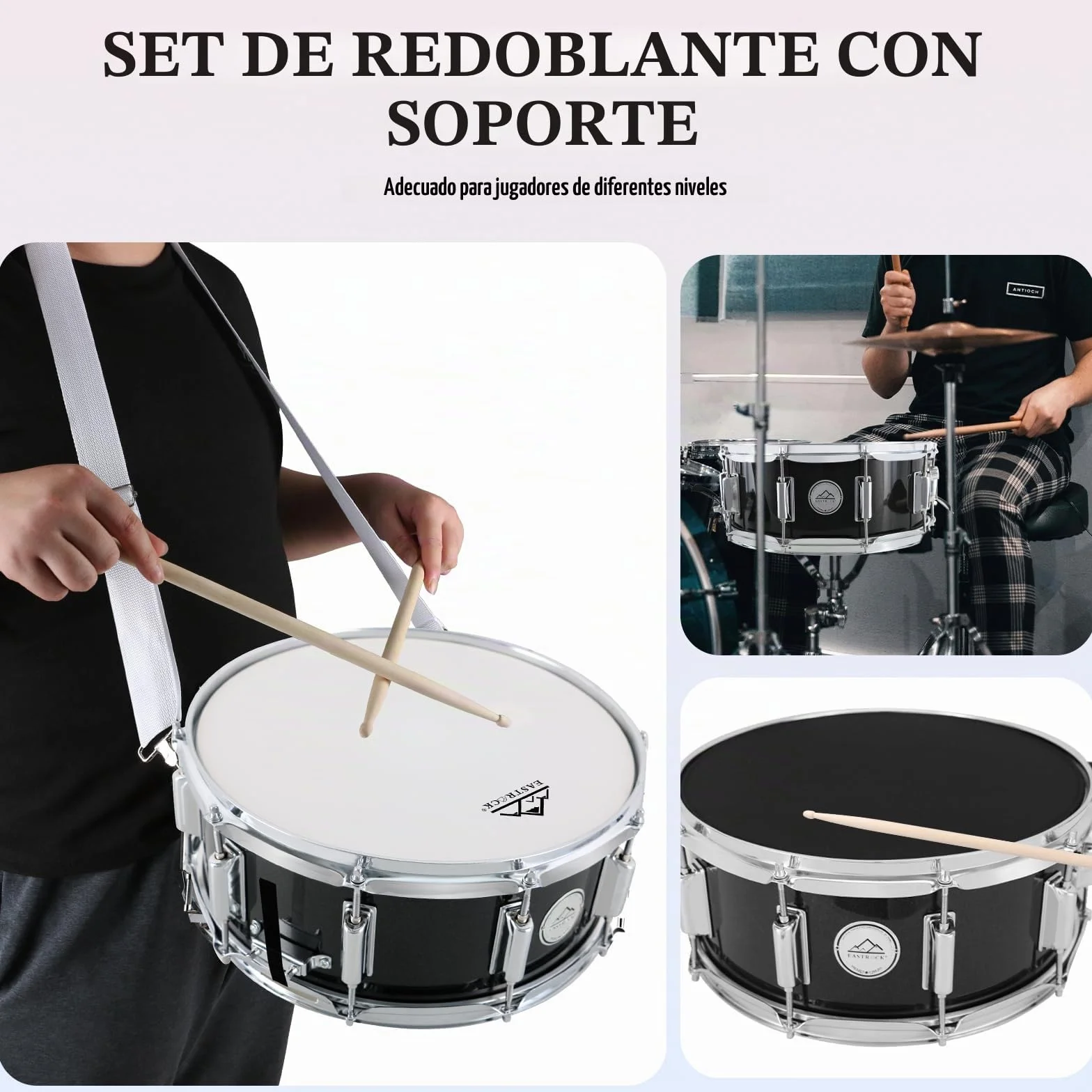EASTROCK - Tambor de tambor (14×5.5 pulgadas) para estudiantes, principiantes con bolsa de concierto, palos, llaves de tambor y kit de almohadilla de práctica, color negro