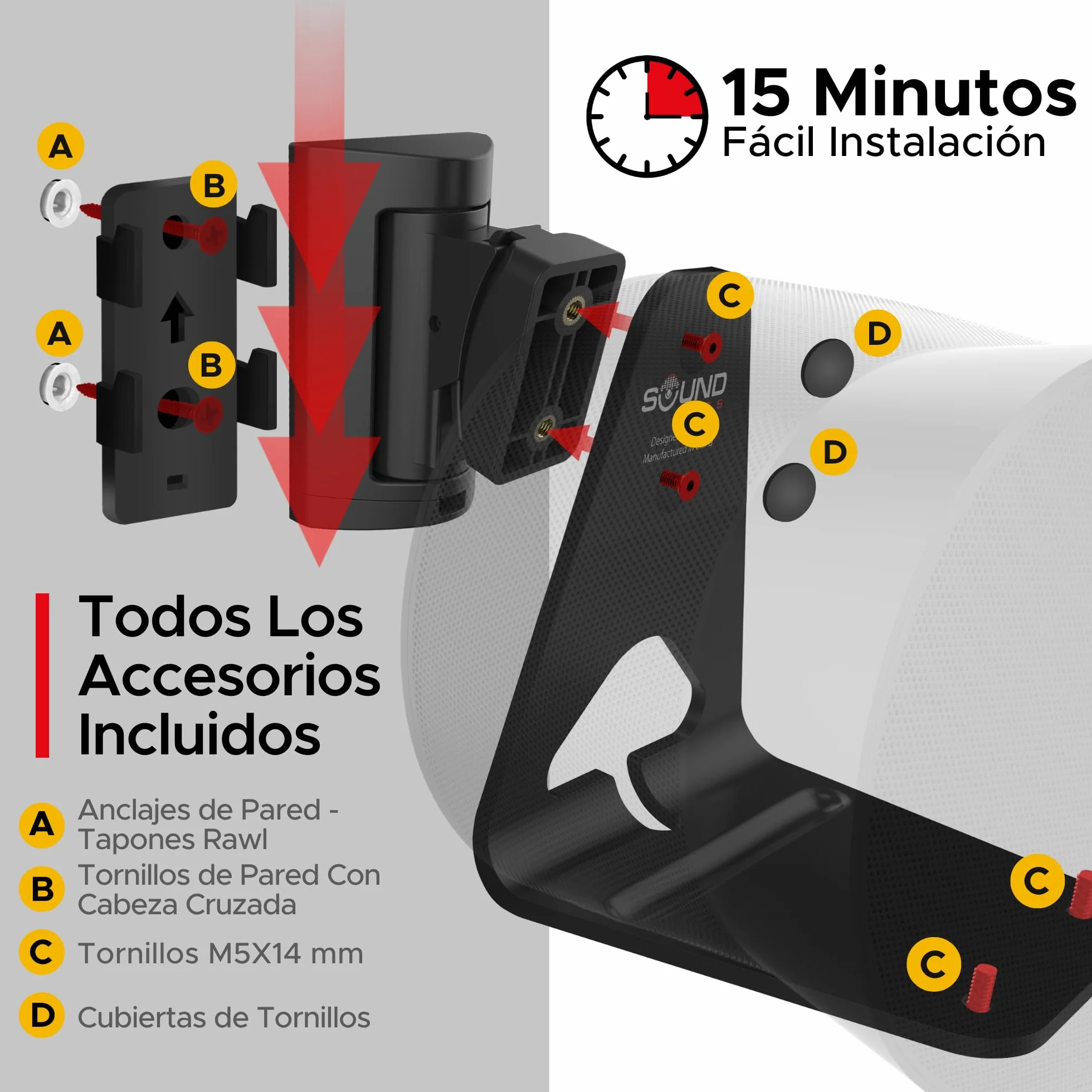 Sound Bass ERA300 Soporte de Pared, Inclinación y Giro, Negro, Doble (2 uds.), Compatible con Sonos ERA 300, Instalación Sencilla, Incluye Kit de Montaje, Doble, Par