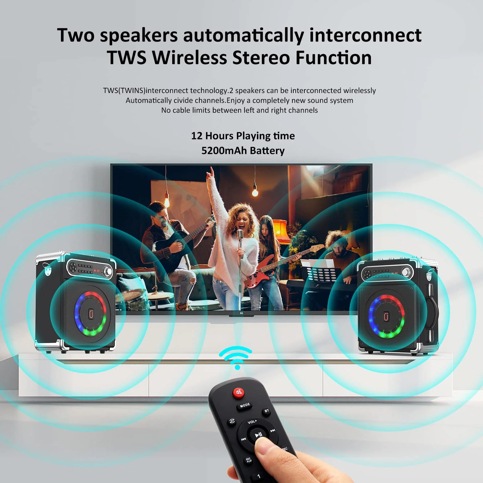 Altavoz Bluetooth, altavoz inalámbrico portátil, caja de música con luces LED de colores mixtos y 2 micrófonos, fuerte con graves potentes, compatible con tarjeta USB/TF/AUX/FM/Rec para fiestas